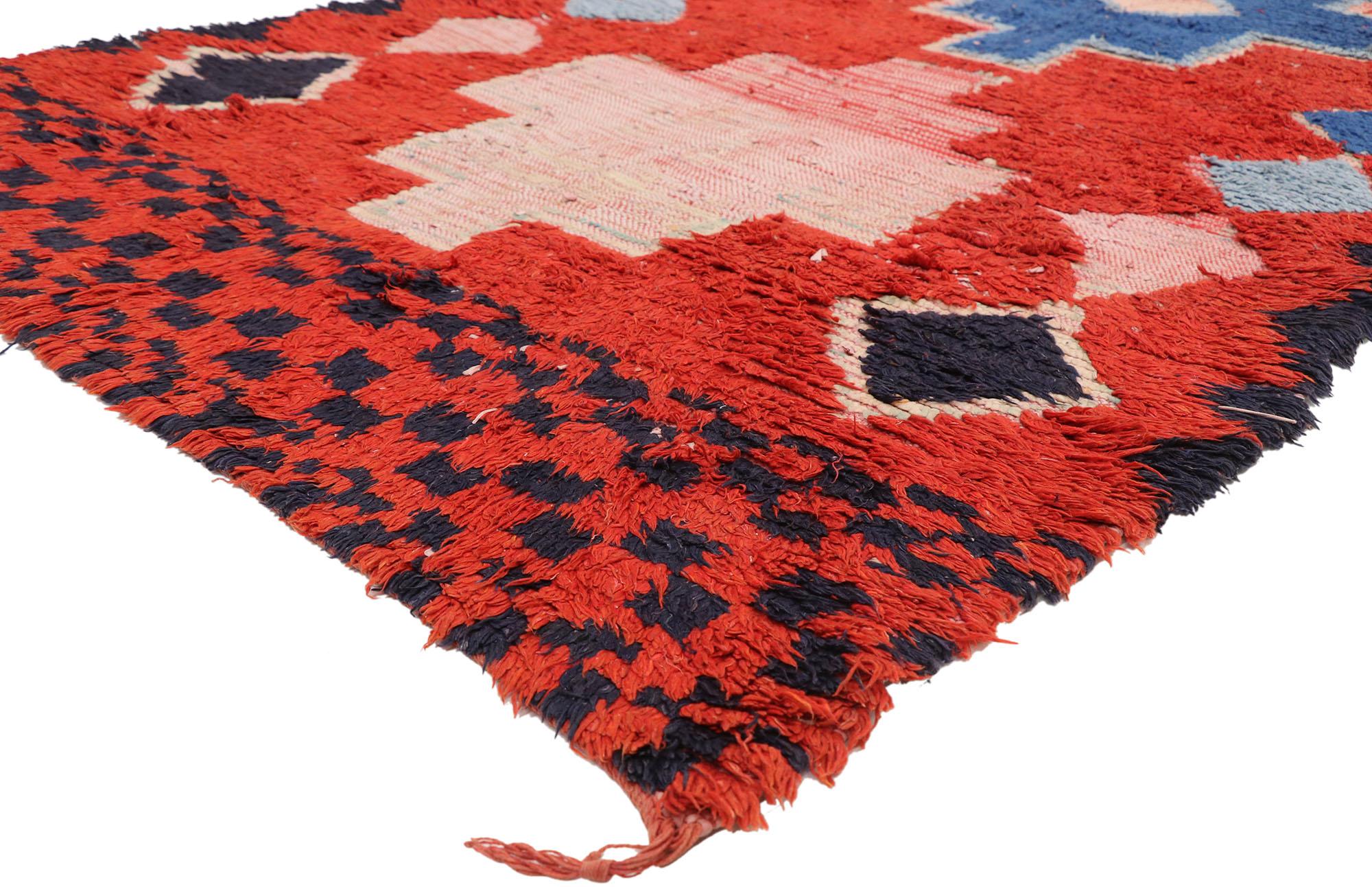 20219 Vintage Red Boujad Moroccan Rug, 04’06 x 09’04. Boujad rugs are handwoven carpets originating from the Boujad region in the Middle Atlas Mountains of Morocco. Traditionally crafted by Berber tribes, particularly the Haouz and Rehamna tribes,