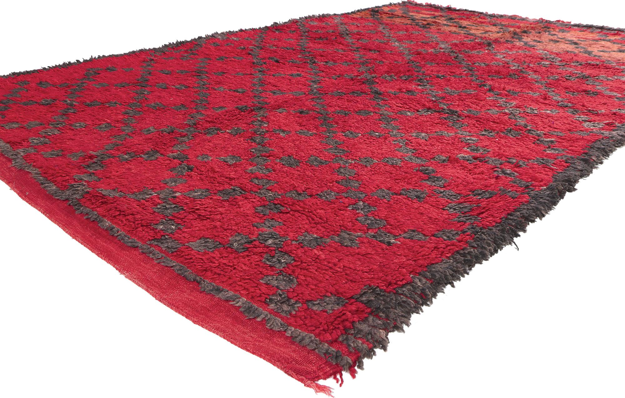 20975 Vintage Red Beni MGuild Moroccan Rug, 05'07 x 09'02. Embark on a vibrant visual odyssey through the rich history of Moroccan culture with our hand-knotted Beni MGuild vintage rug—a dazzling masterpiece that seamlessly melds hues, patterns, and