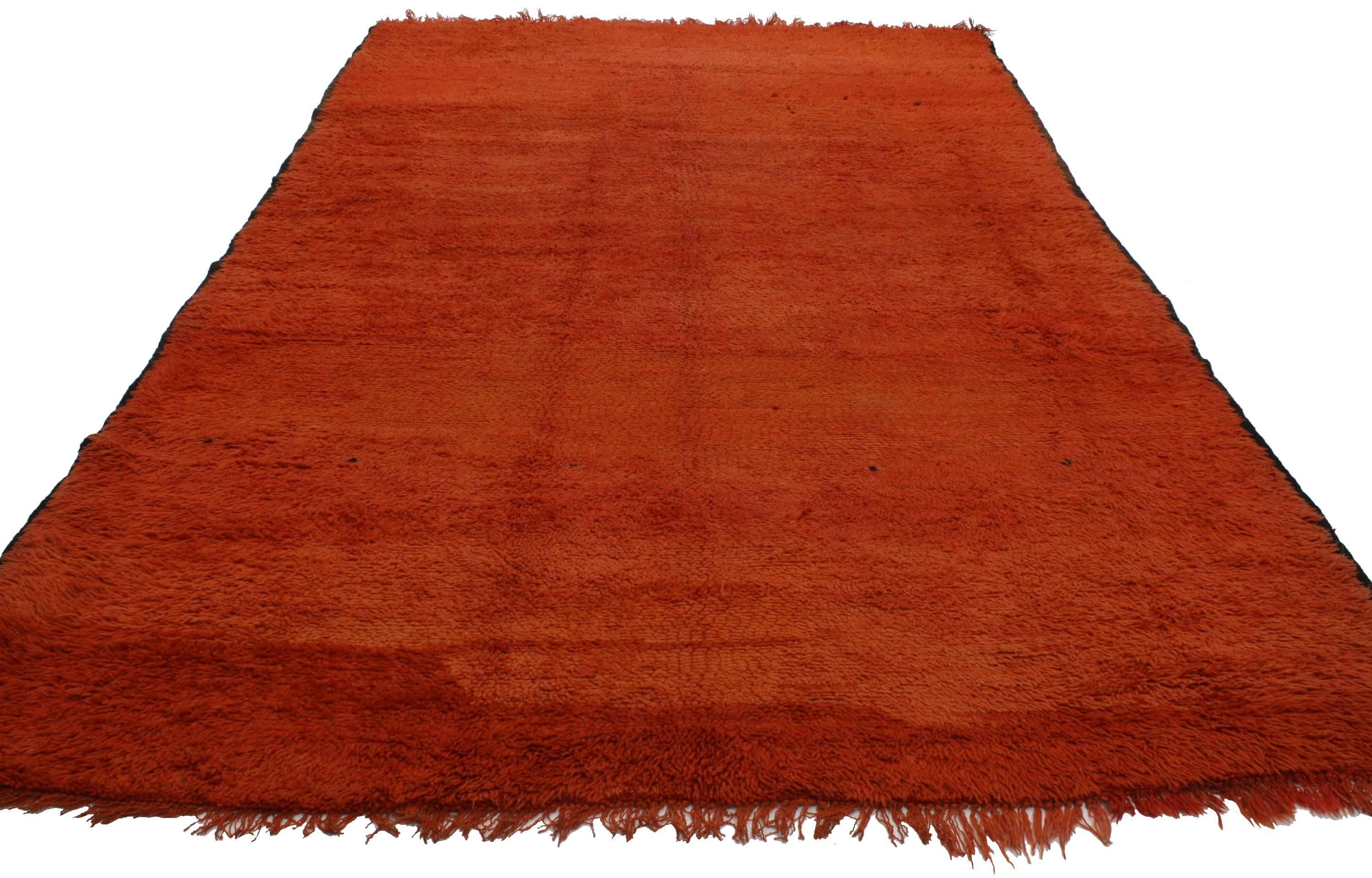 20235, vintage Berber red Moroccan rug with tribal style. This hand-knotted wool vintage Berber red Moroccan rug features rich waves of abrash and the graphic appeal of Folk Art. It is framed by a thin border. Blending nomadic charm, ancient