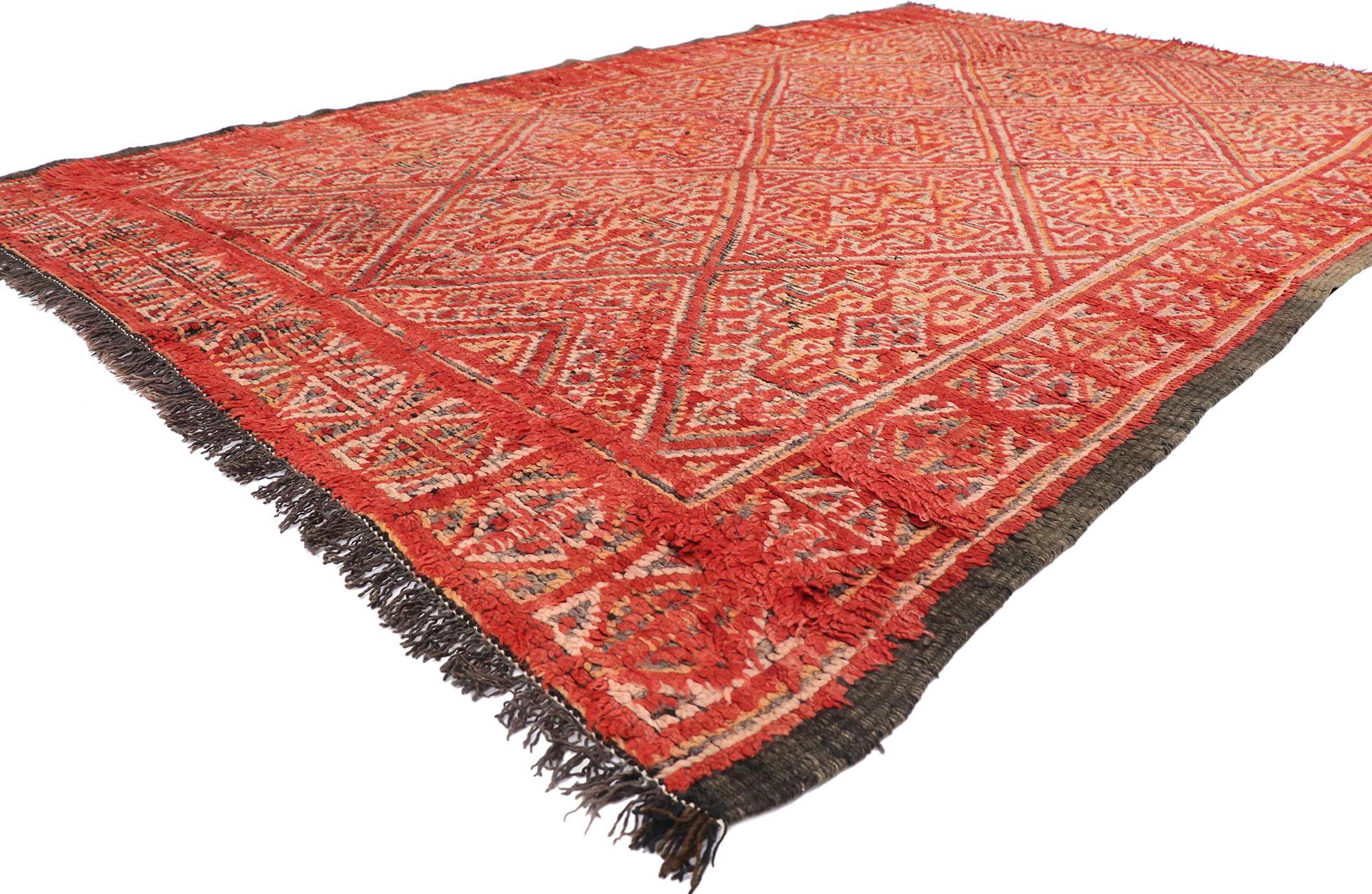 20295 Vintage Red Beni MGuild  Moroccan Rug, 06'02 x 09'10. Originating from the Beni M'Guild tribe nestled within the scenic landscapes of Morocco's Middle Atlas Mountains, Beni M'Guild rugs epitomize a cherished tradition passed down through