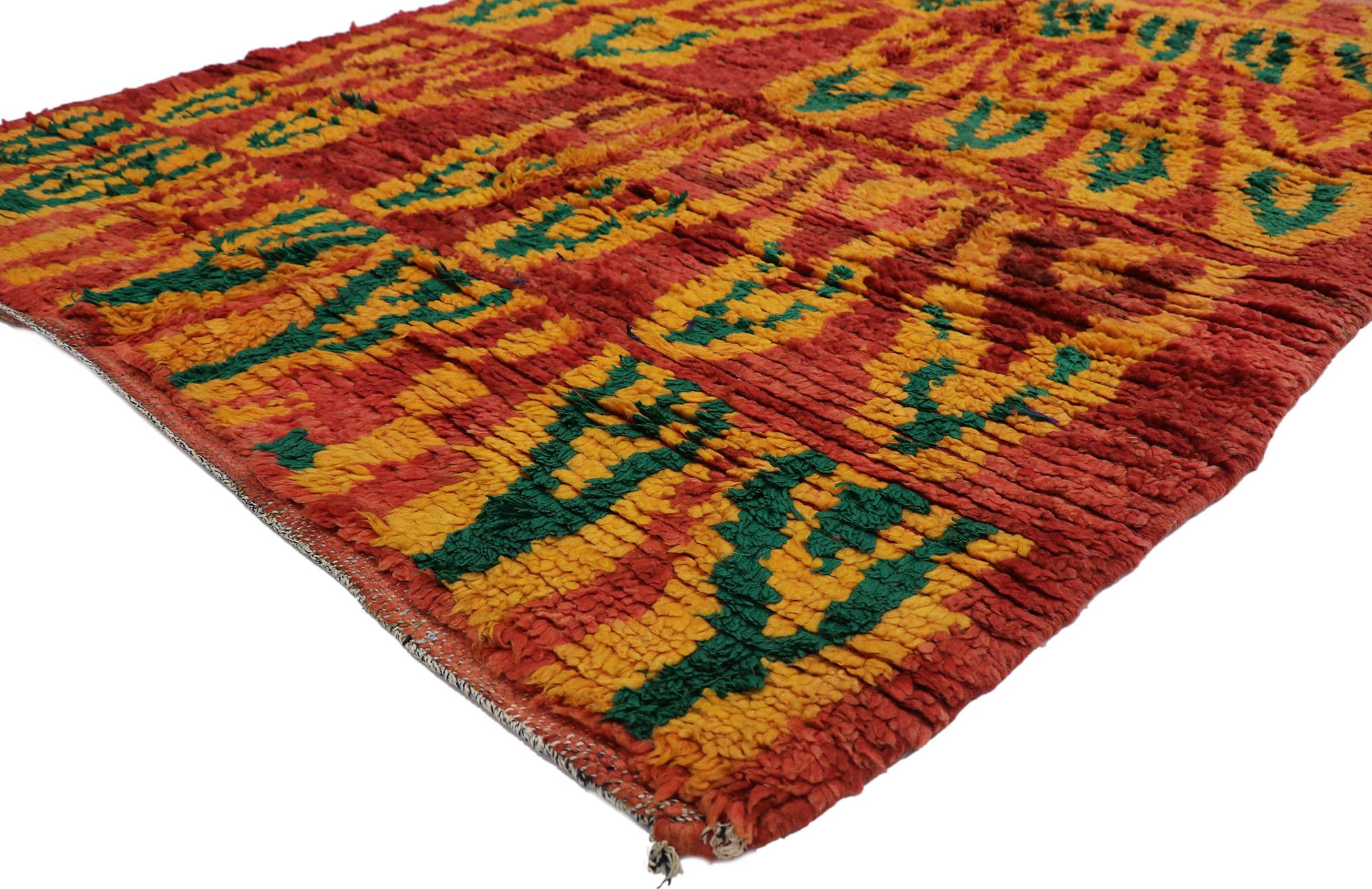 21207 Vintage Red Boujad Moroccan Rug, 05'06 x 07'00. 
Dive into the lively essence embodied by Boujad rugs, emerging from the vibrant streets of Boujad in the Khouribga region. Skillfully woven by Berber tribes, notably the Haouz and Rehamna, these