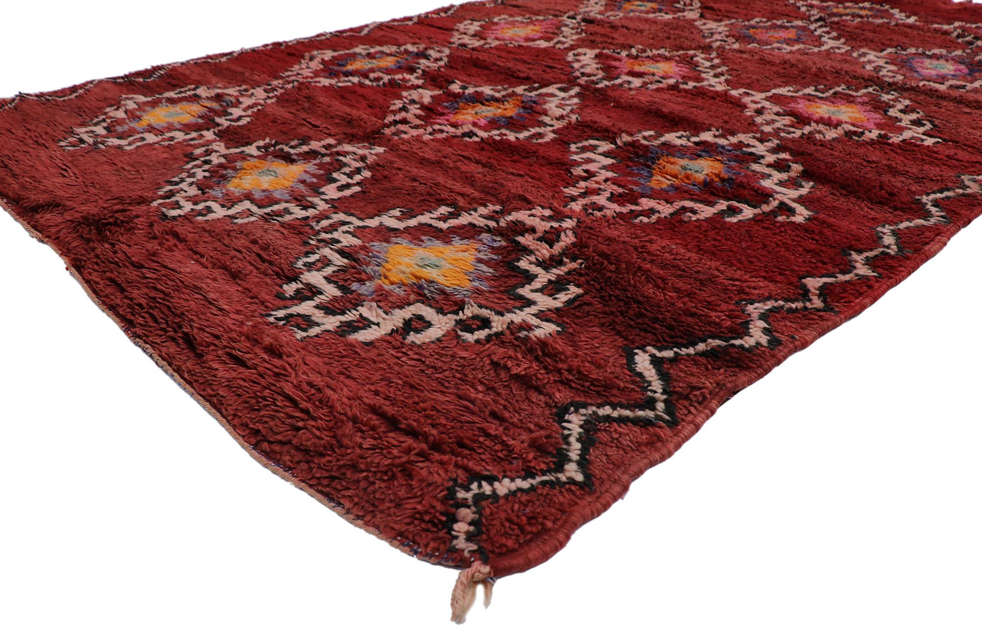21527 Vintage Berber Red Moroccan rug with Tribal Style 06'05 x 10'05. Showcasing a bold expressive design, incredible detail and texture, this hand knotted wool vintage Berber red Moroccan rug is a captivating vision of woven beauty. The