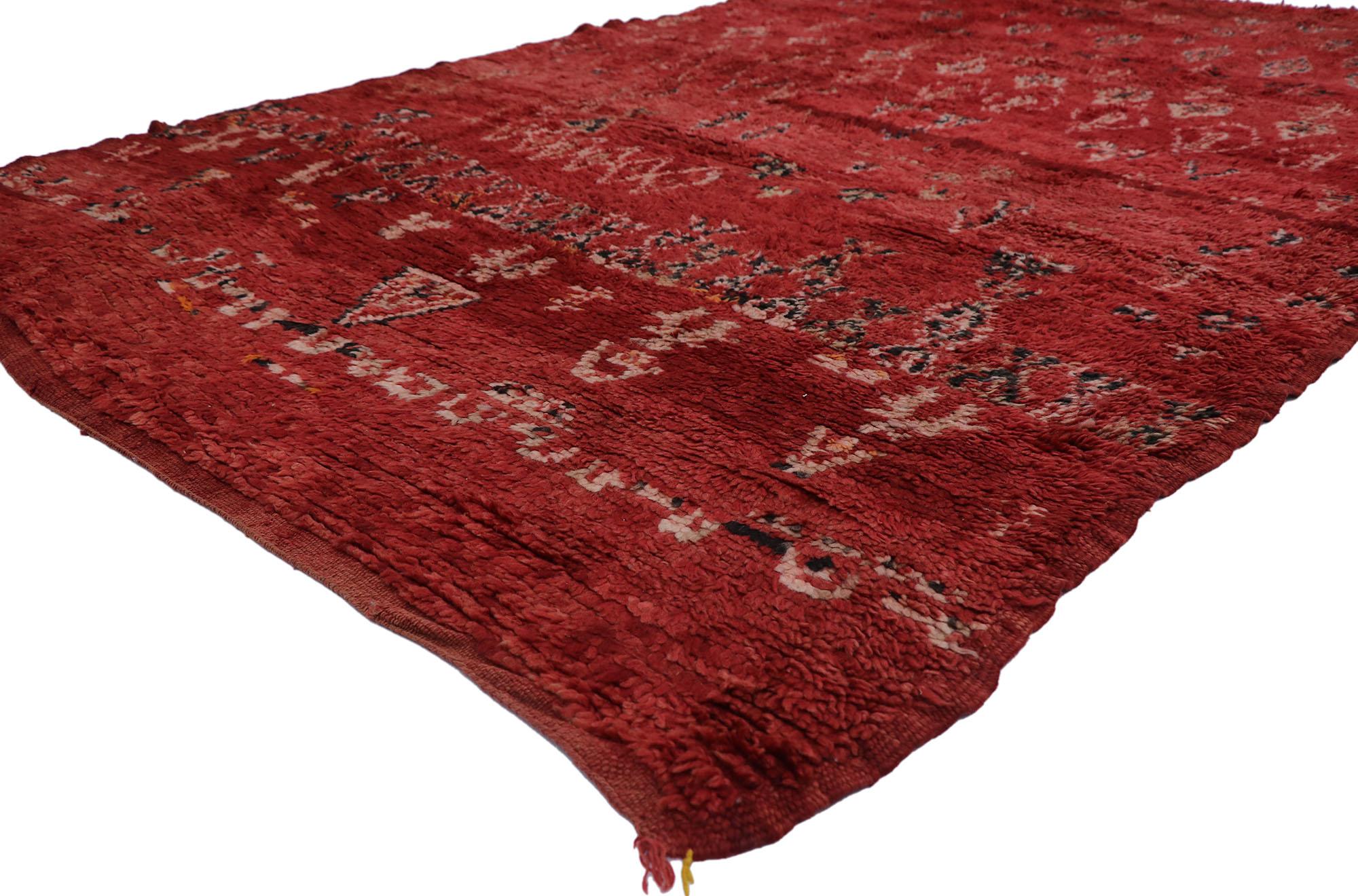 21671 Vintage Berber Red Moroccan rug with Tribal Style 06'00 x 10'00. Showcasing a bold expressive design, incredible detail and texture, this hand knotted wool vintage Berber red Moroccan rug is a captivating vision of woven beauty. The