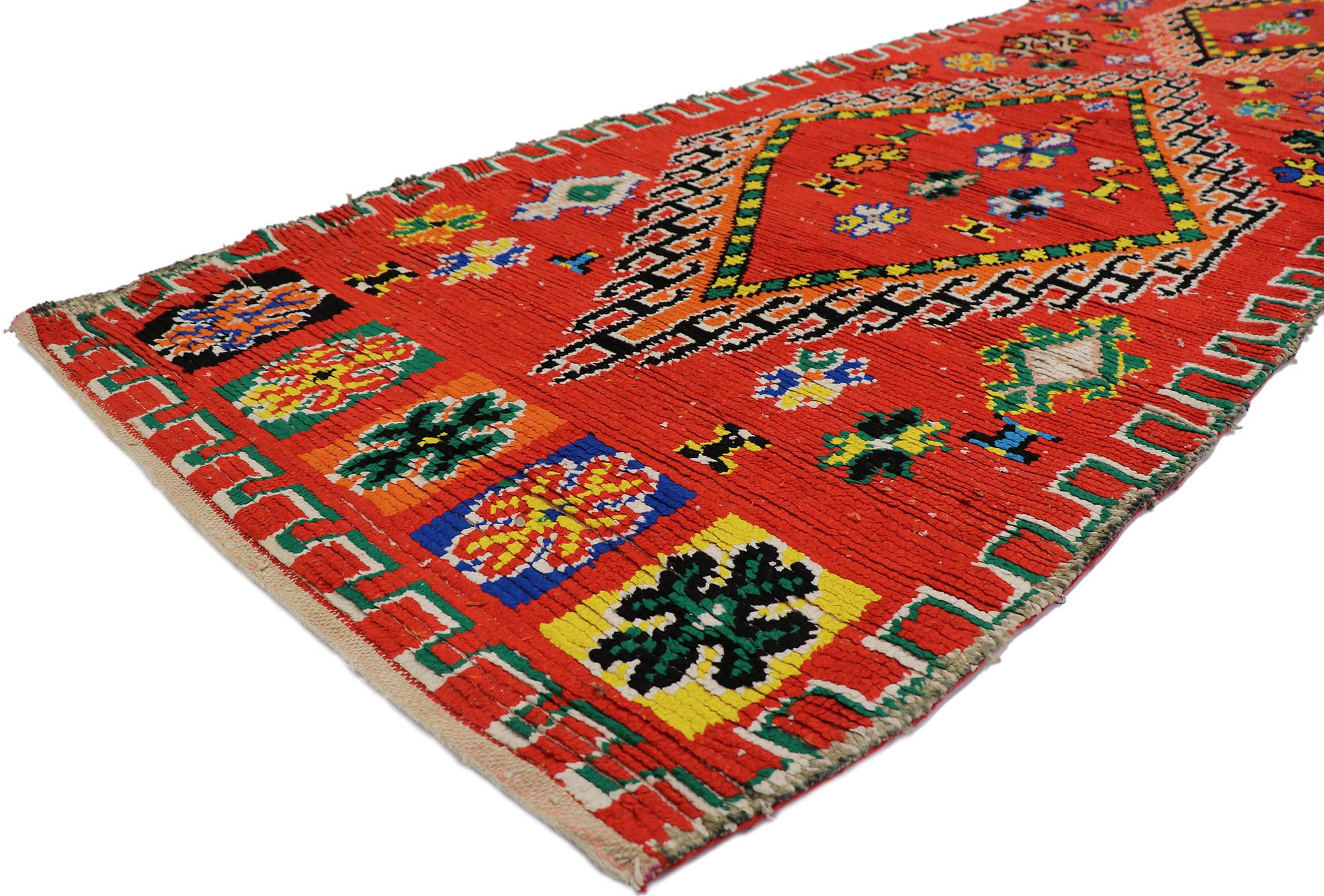 21674 Vintage Berber Red Moroccan Runner with Tribal Style 03'06 x 10'07. Showcasing a bold expressive design, incredible detail and texture, this hand knotted wool vintage Berber red Moroccan runner is a captivating vision of woven beauty. The