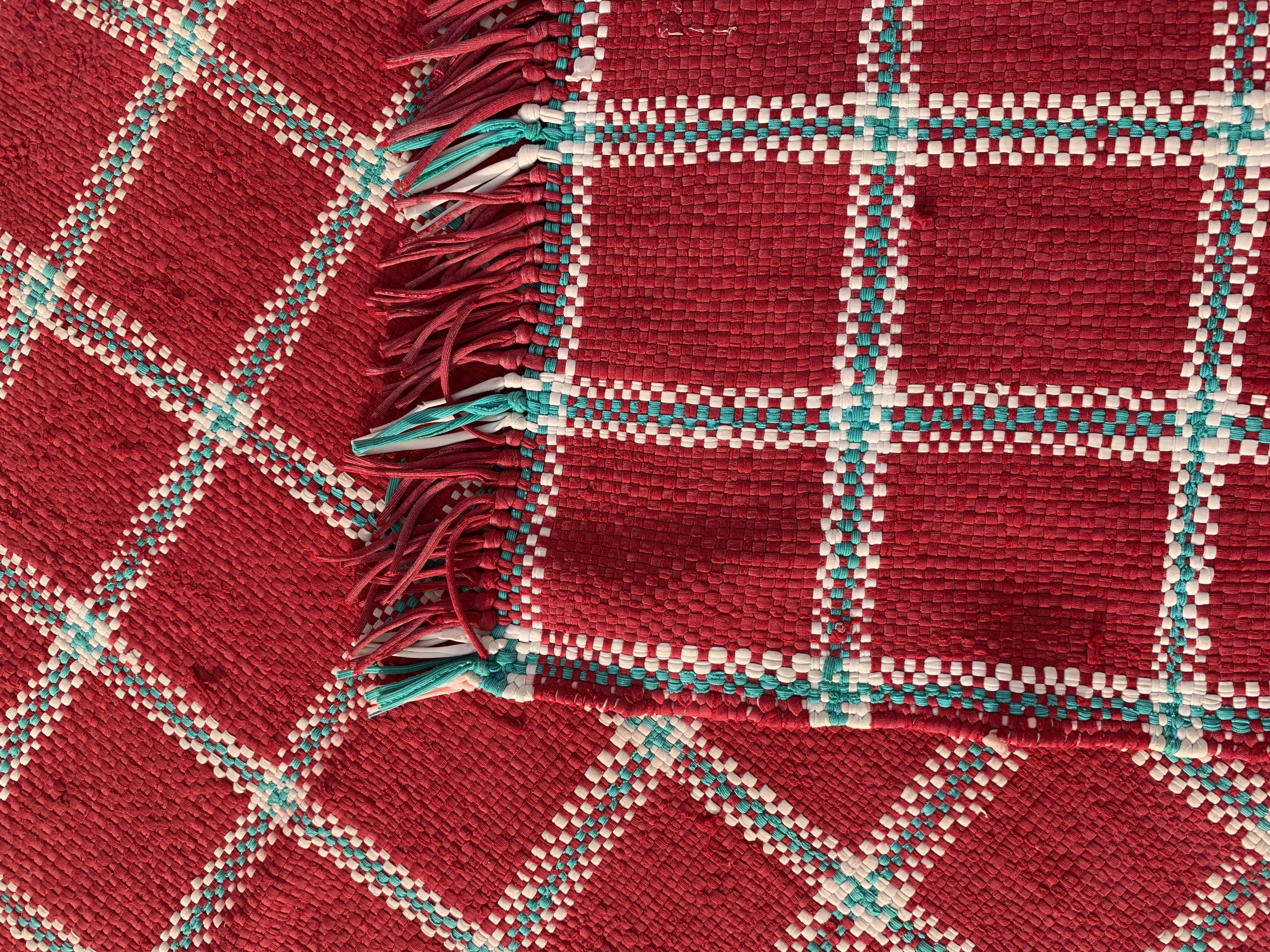 Vintage Berber Red Green Tartan Rug Large 1970s Handmade North African Christmas For Sale 6
