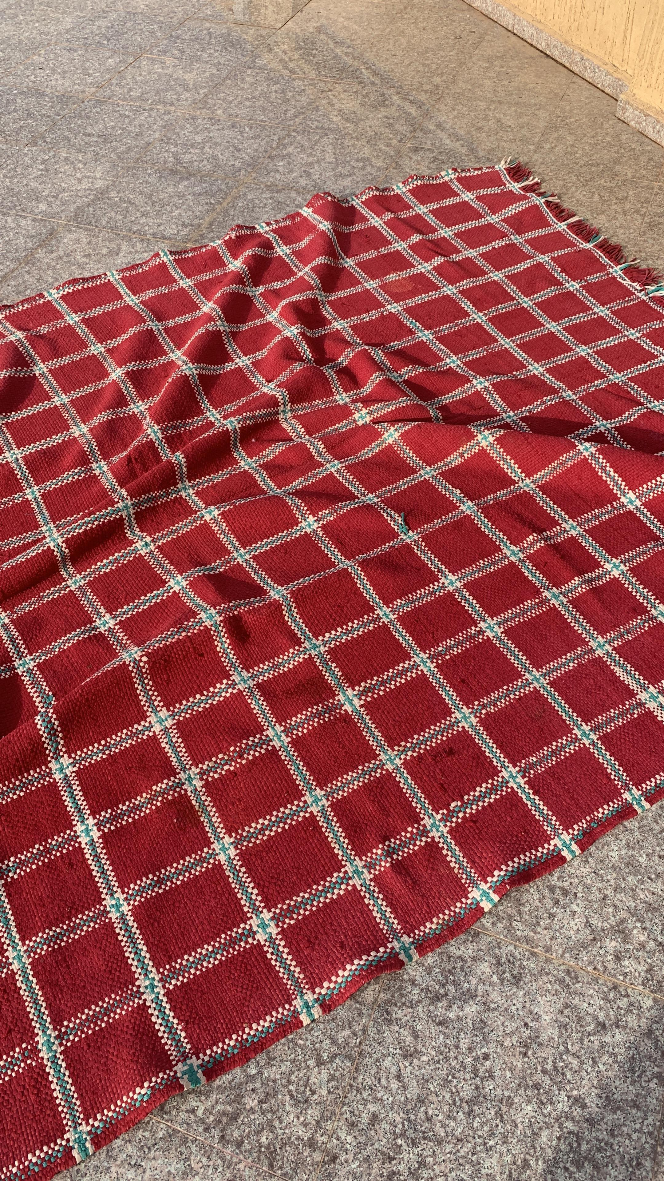 Folk Art Vintage Berber Red Green Tartan Rug Large 1970s Handmade North African Christmas For Sale