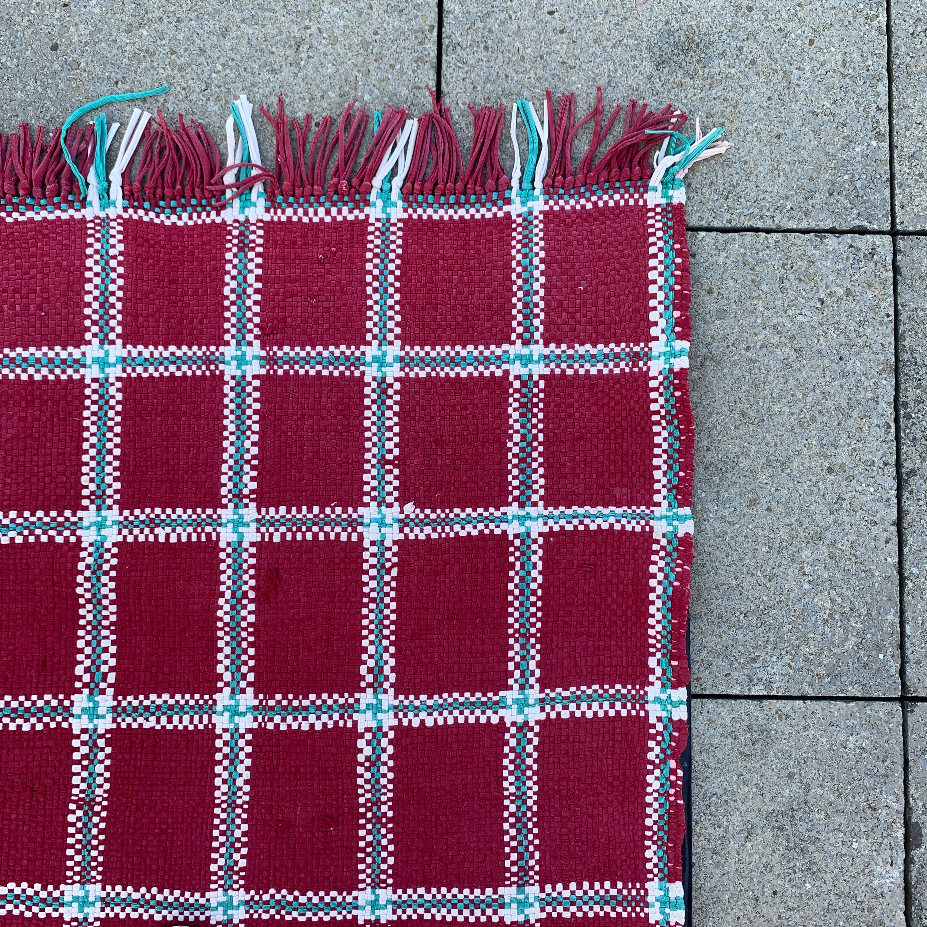 Vintage Berber Red Green Tartan Rug Large 1970s Handmade North African Christmas In Good Condition For Sale In London, GB