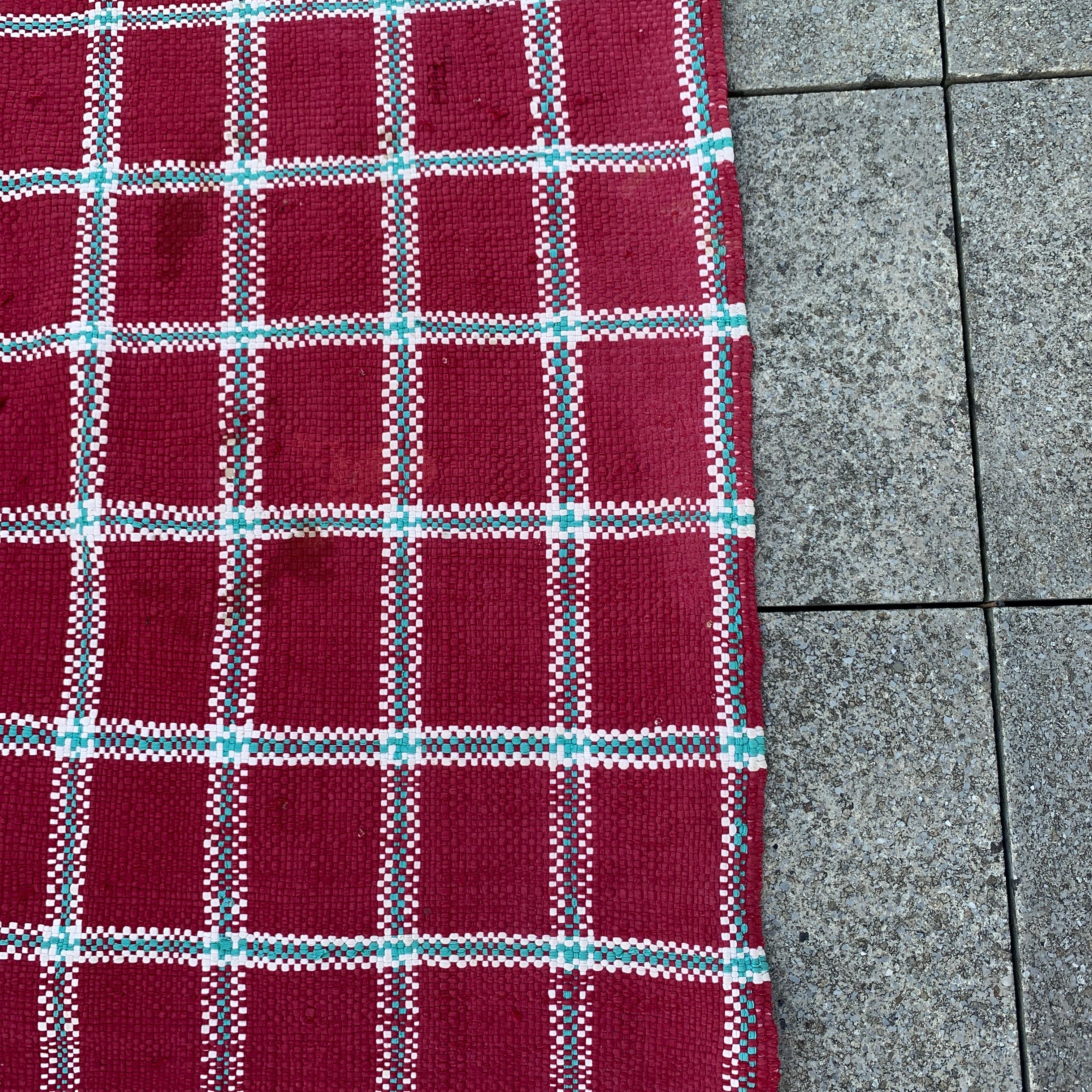 Late 20th Century Vintage Berber Red Green Tartan Rug Large 1970s Handmade North African Christmas For Sale