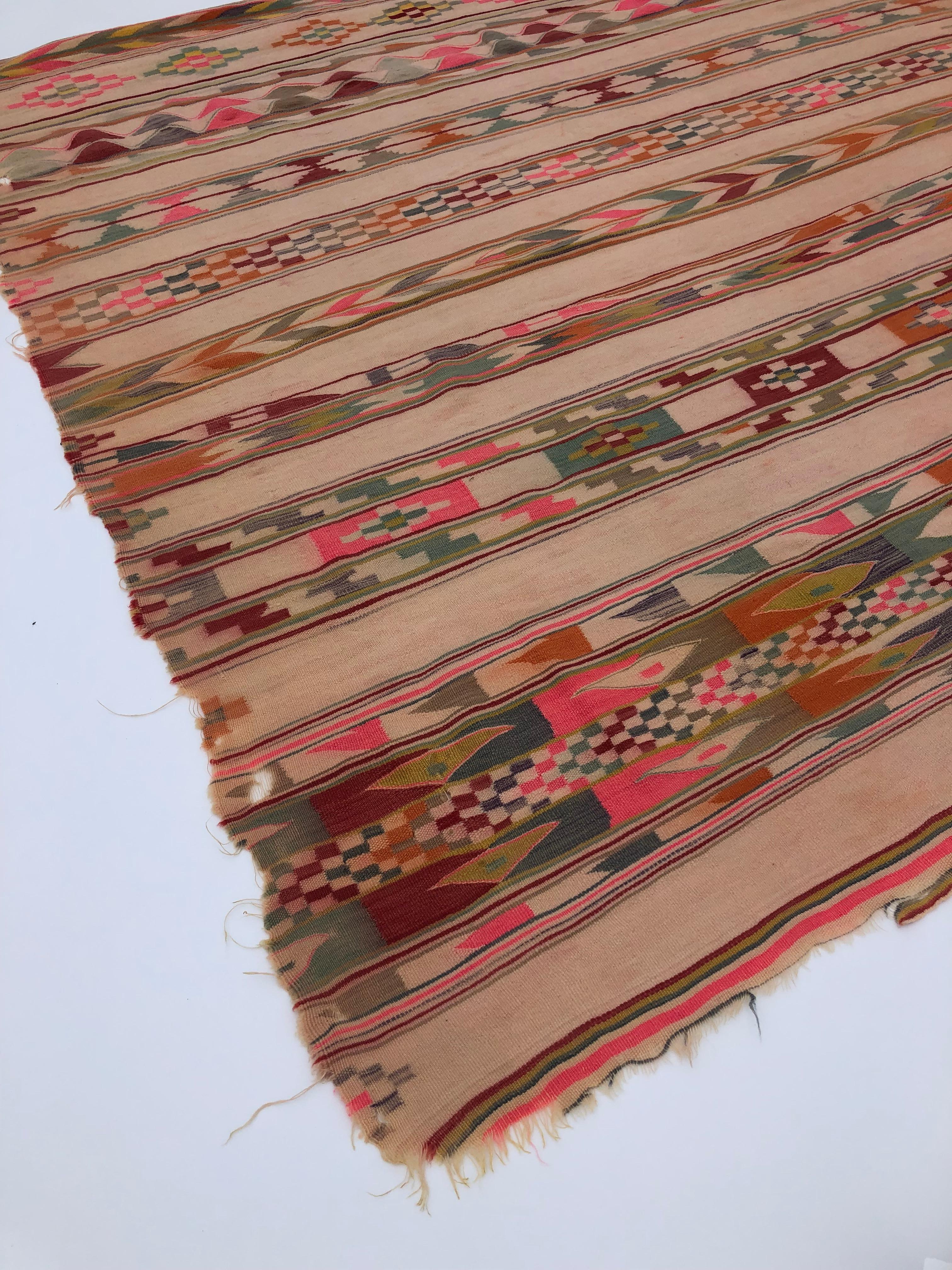 Hand-Woven Vintage Berber Rug 1930s Algerian Multicolored Geometrical Handmade 190x193 cm For Sale