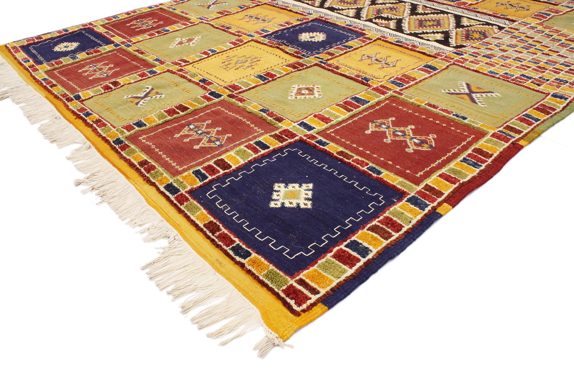20351 Vintage Taznakht Moroccan Kilim Rug, 07'01 x 10'01. A vintage Taznakht rug, originating from the Taznakht region in the High Atlas Mountains of Morocco, is renowned for its vibrant colors, intricate geometric patterns, and cultural
