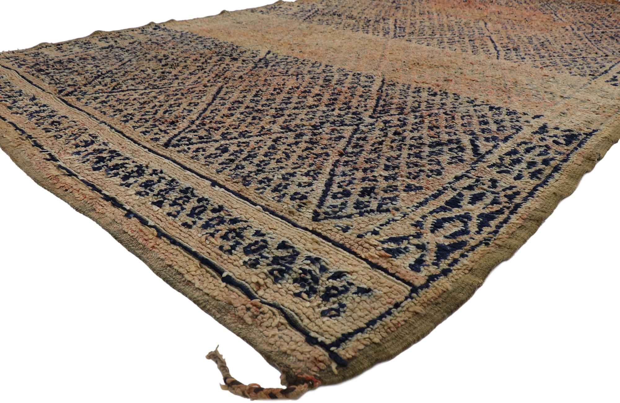 21302 Vintage Berber Zayane Moroccan rug with Bohemian Style 07'06 x 12'11. Showcasing an expressive design with rustic sensibility, incredible detail and texture, this hand knotted wool vintage Berber Zayane Moroccan rug is a captivating vision of