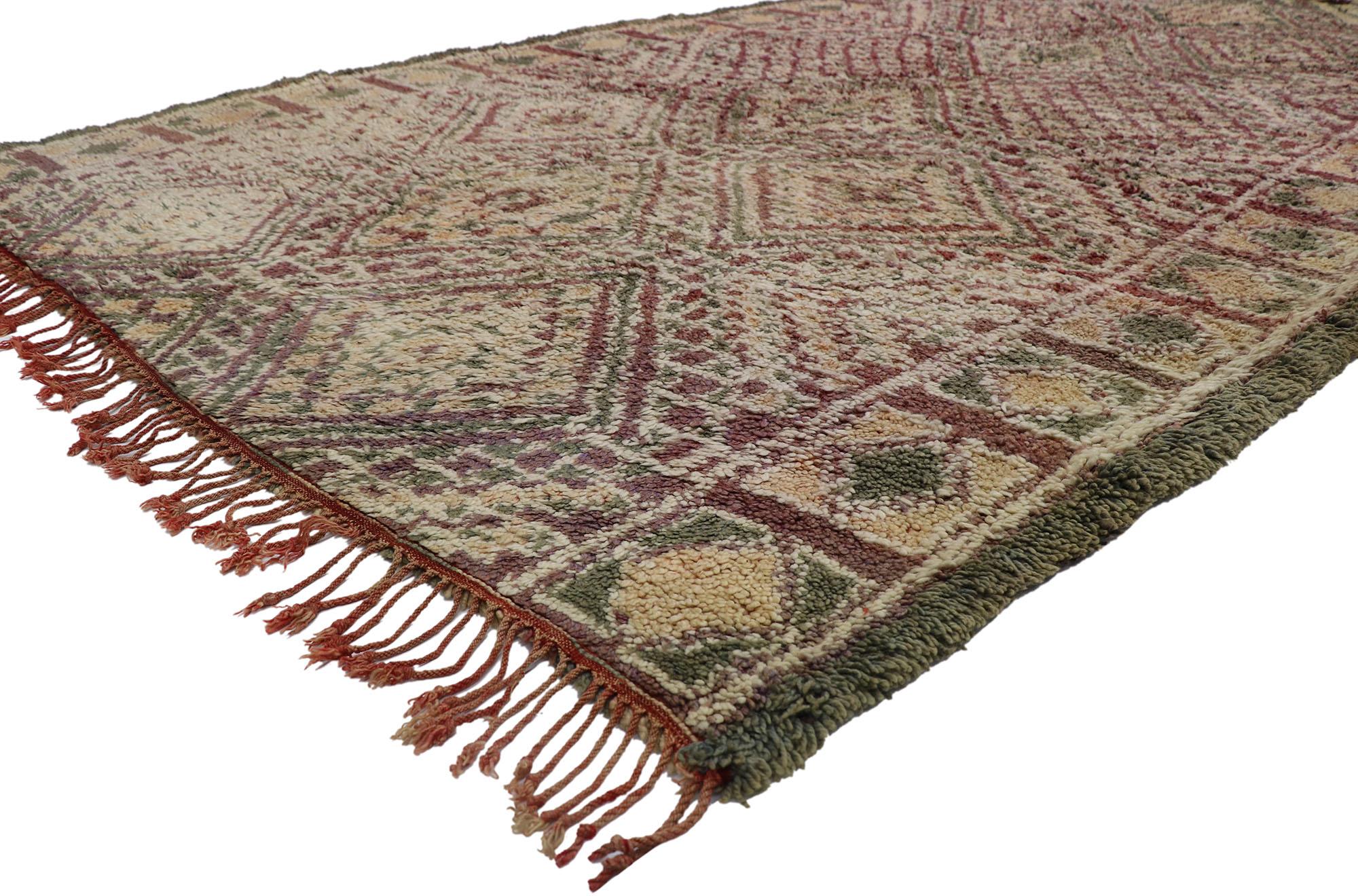 21234 Vintage Berber Zayane Moroccan rug with Bohemian Style 07'03 x 12'11. Showcasing a bold expressive design, incredible detail and texture, this hand knotted wool vintage Berber Zayane Moroccan rug is a captivating vision of woven beauty. The