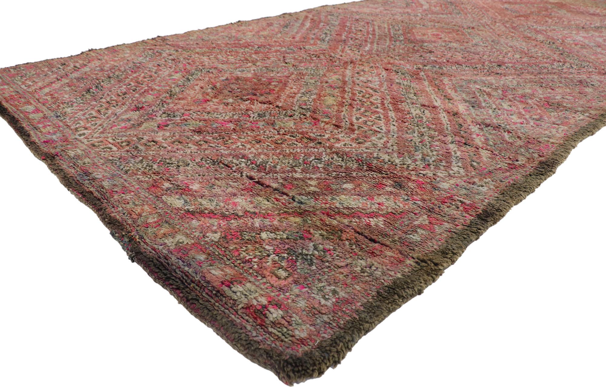 21229 Vintage Beni MGuild Moroccan Rug, 06'05 x 13'00. 
Originating from the Beni M'Guild tribe nestled in Morocco's Middle Atlas Mountains, Beni M'Guild rugs represent a cherished tradition meticulously crafted by skilled Berber women. These rugs