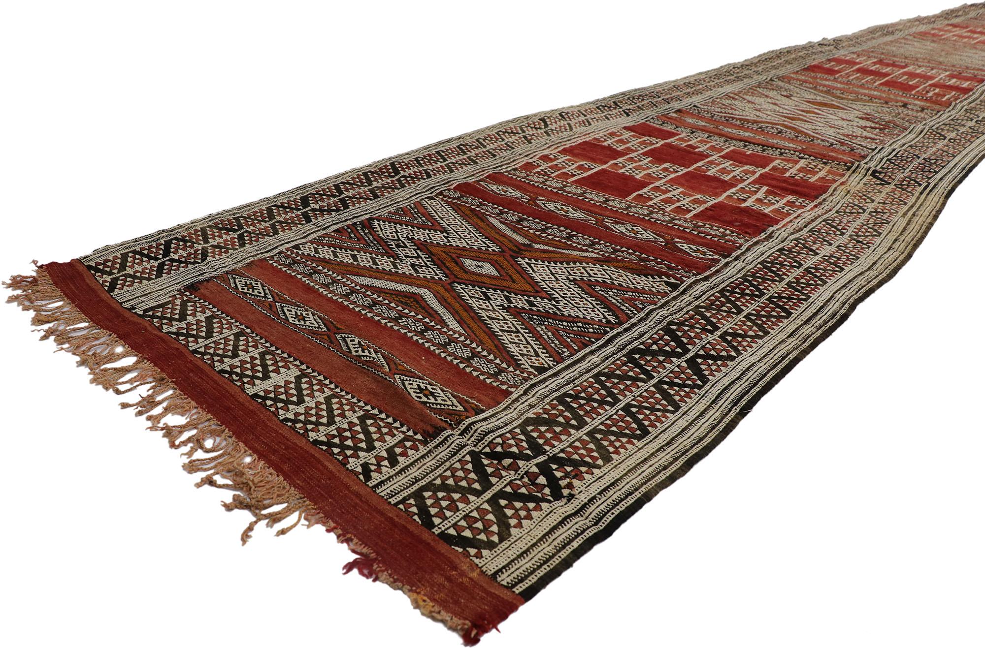 21186 vintage Zemmour Moroccan Kilim Runner with Tribal style 03'03 x 27'04. Full of tiny details and a bold expressive design combined with tribal style, this hand-woven wool vintage Zemmour Berber Moroccan kilim runner is a captivating vision of