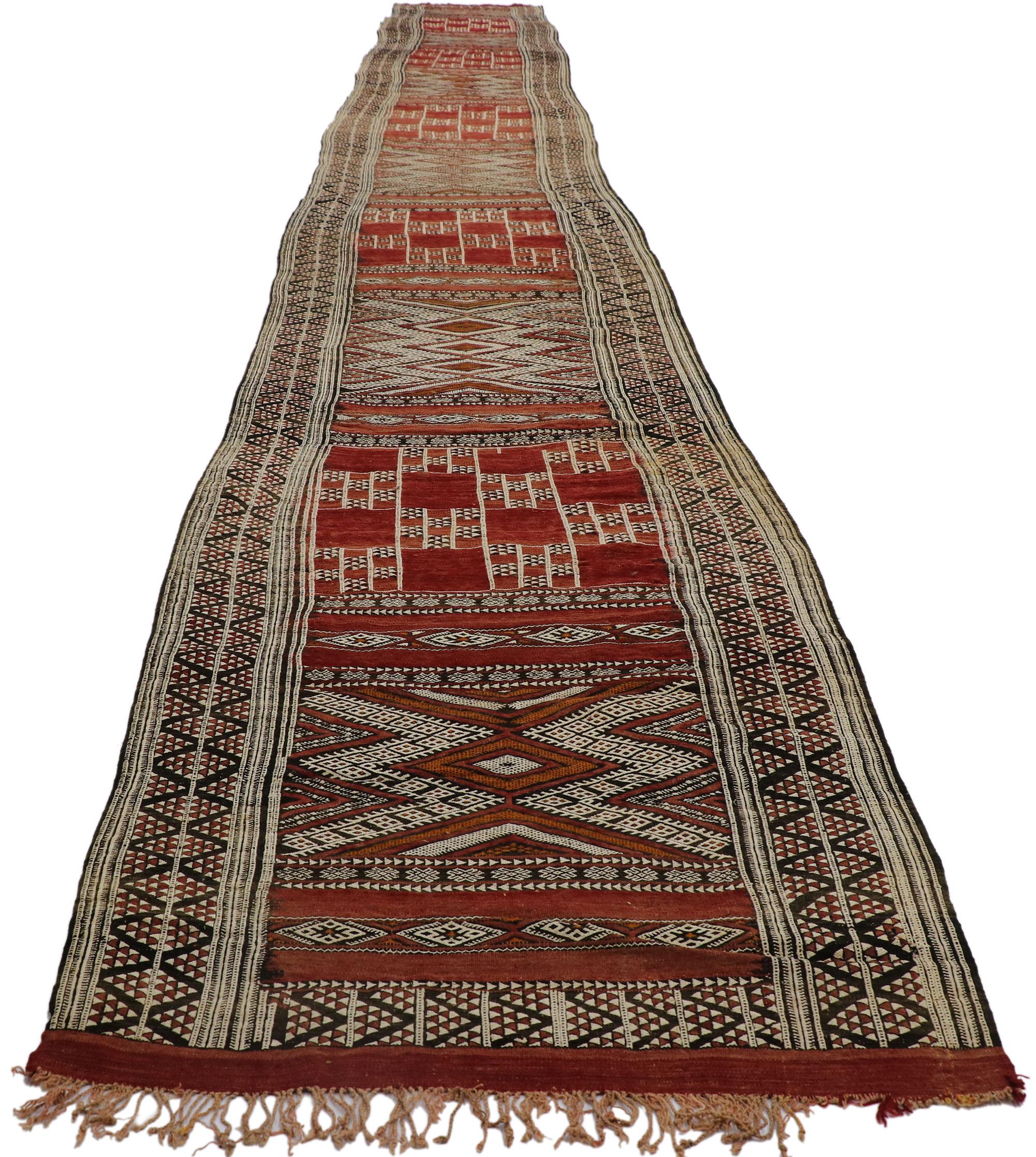 Hand-Woven Vintage Berber Zemmour Moroccan Kilim Runner with Tribal Style