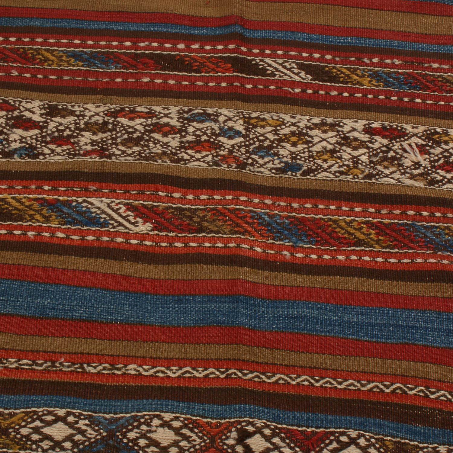 Turkish Bergama Geometric Brown and Red Wool Kilim Rug with Blue and White Accents