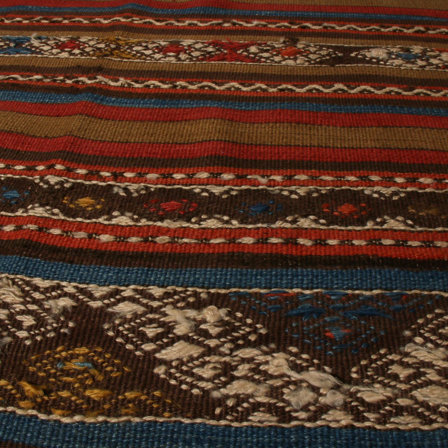 Hand-Woven Bergama Geometric Brown and Red Wool Kilim Rug with Blue and White Accents
