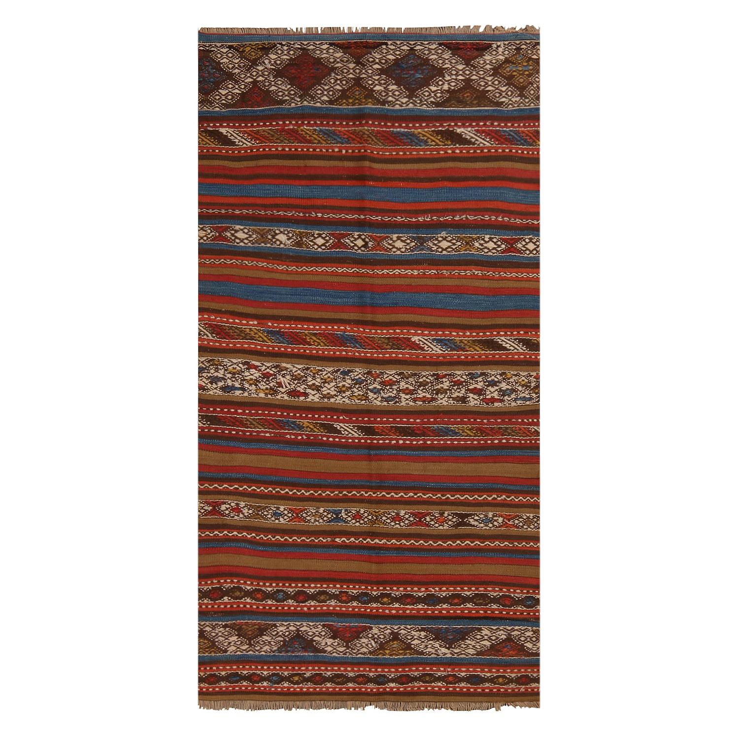Bergama Geometric Brown and Red Wool Kilim Rug with Blue and White Accents