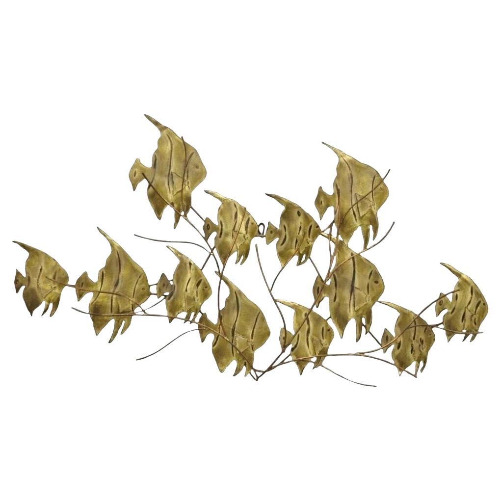 Vintage Bergasse Mid Century Modern Brass Metal "School of Fish" Wall Sculpture