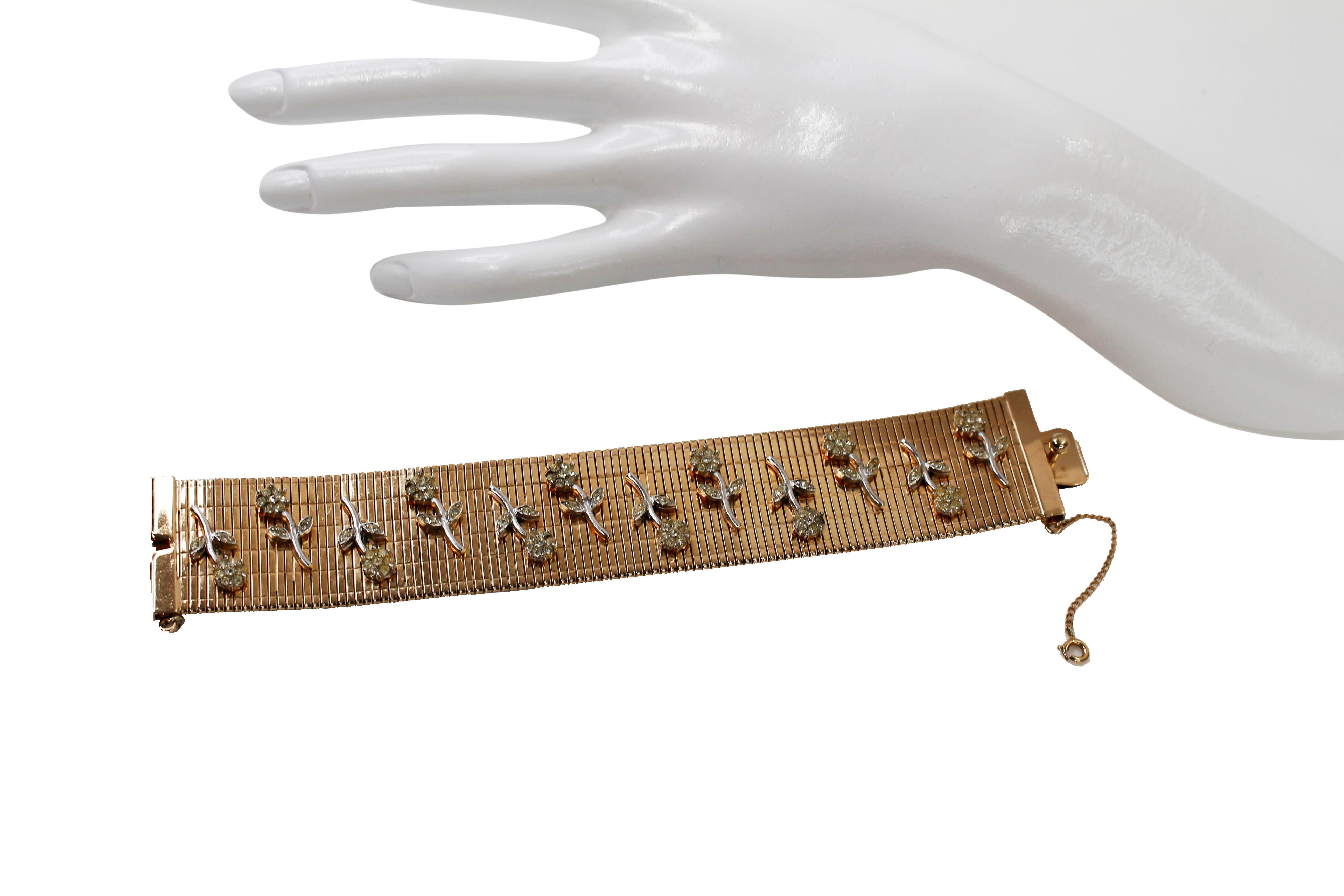 Modern Vintage Bergere Flexible Gold Bracelet with Silver Flowers Circa 1960s For Sale