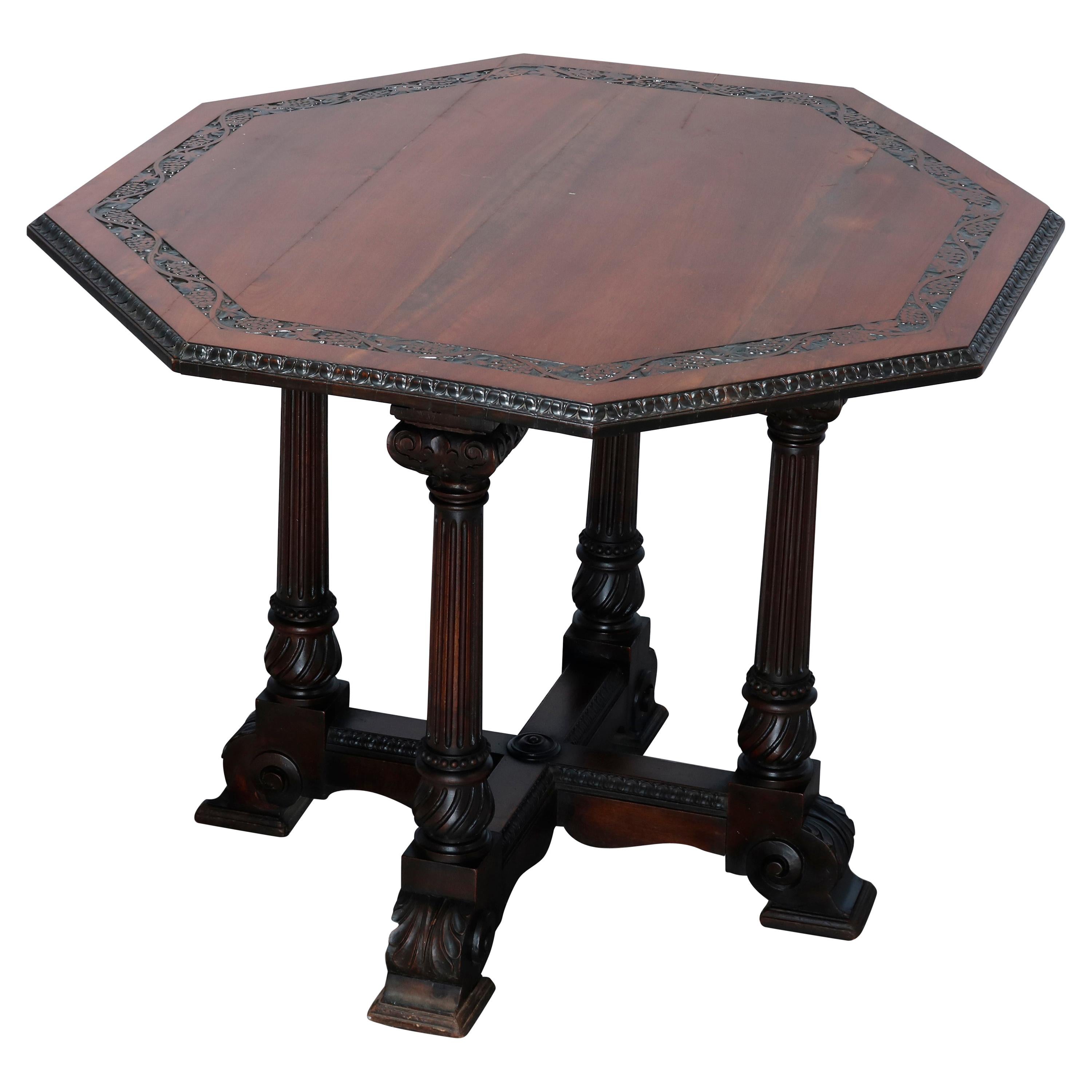 Vintage Berkey & Gay School Carved Walnut Grape & Vine Center Table, Circa 1930 For Sale