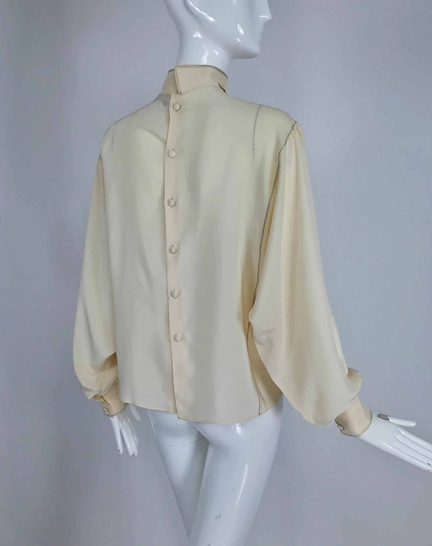 Gray Vintage Bernard Perris Cream Silk Metallic Thread Peek a Boo Blouse 1980s For Sale