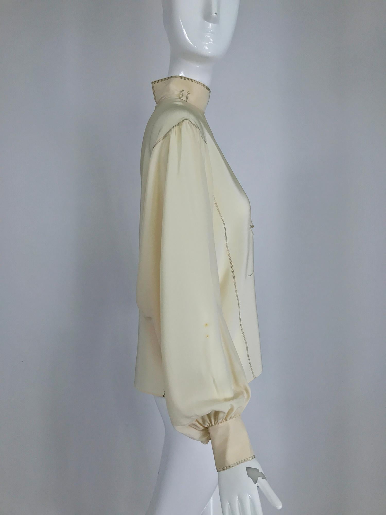 Women's Vintage Bernard Perris Cream Silk Metallic Thread Peek a Boo Blouse 1980s For Sale