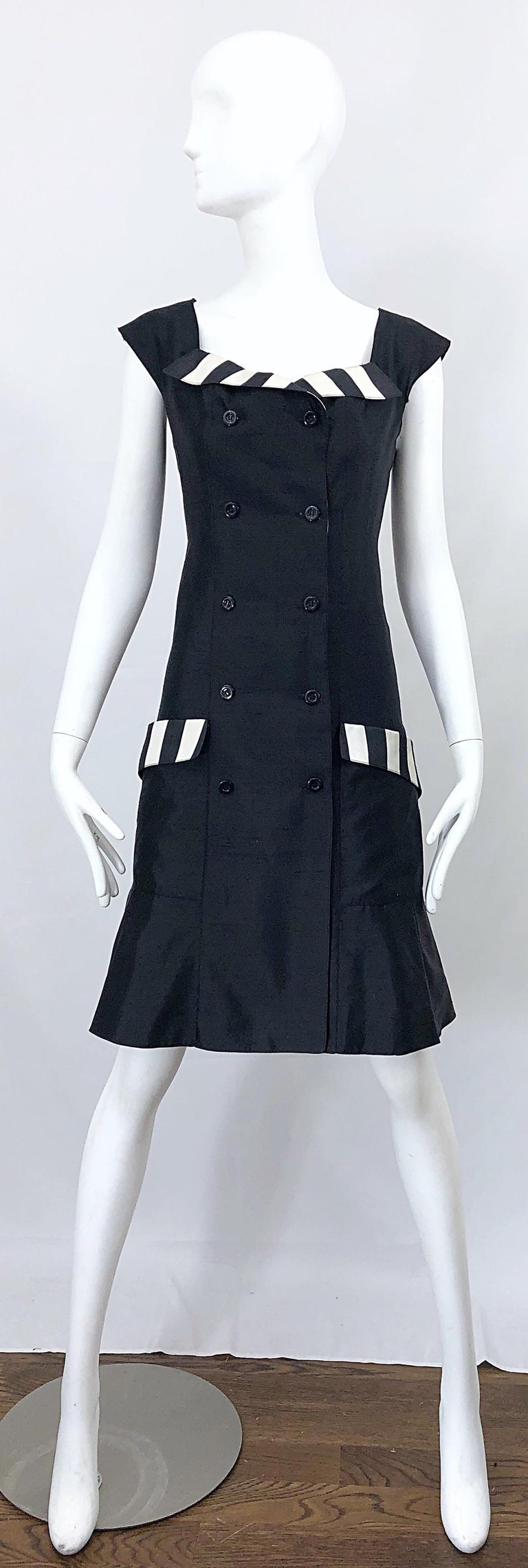 Vintage Bernard Perris Size 12 Black and White Striped 1990s Silk Dress For Sale 8