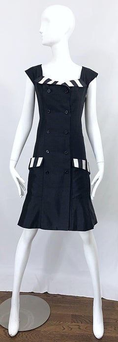 Vintage Bernard Perris Talla 12 Vestido de seda de los 90 a rayas blancas y negras