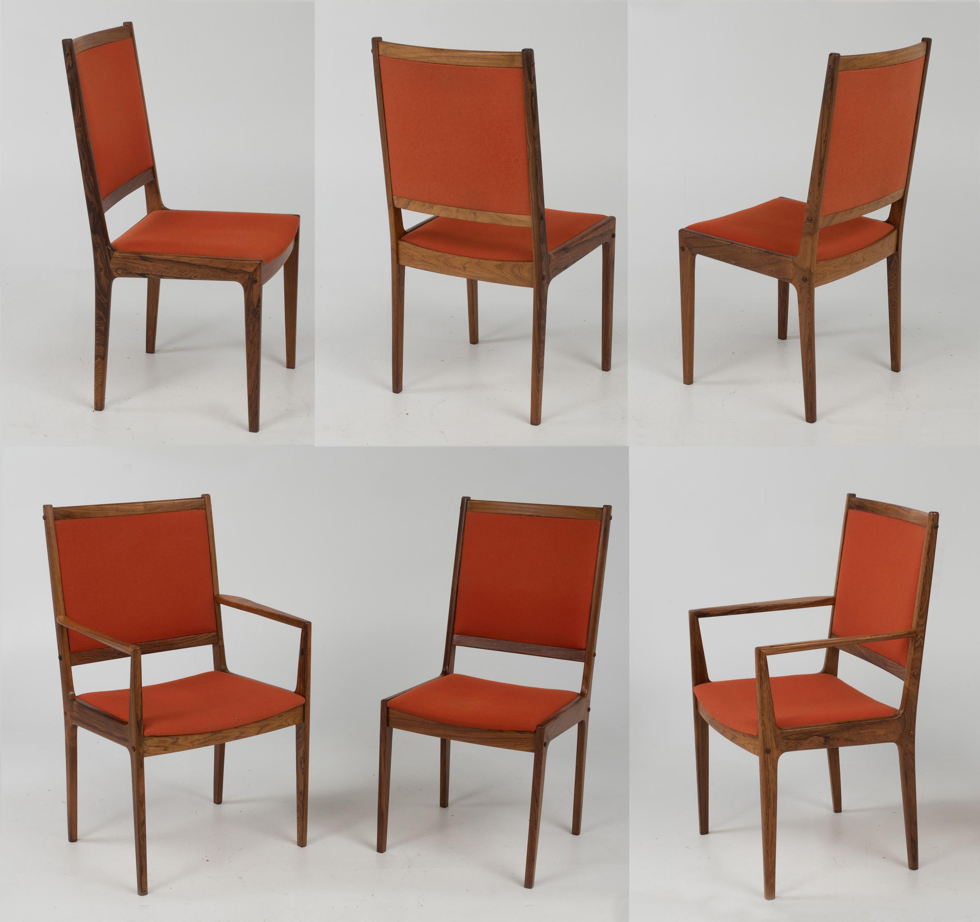 Nice clean set of 1970s era rosewood dining chairs by Bernhard Pedersen & Son upholstered in the original orange fabric. Marked 