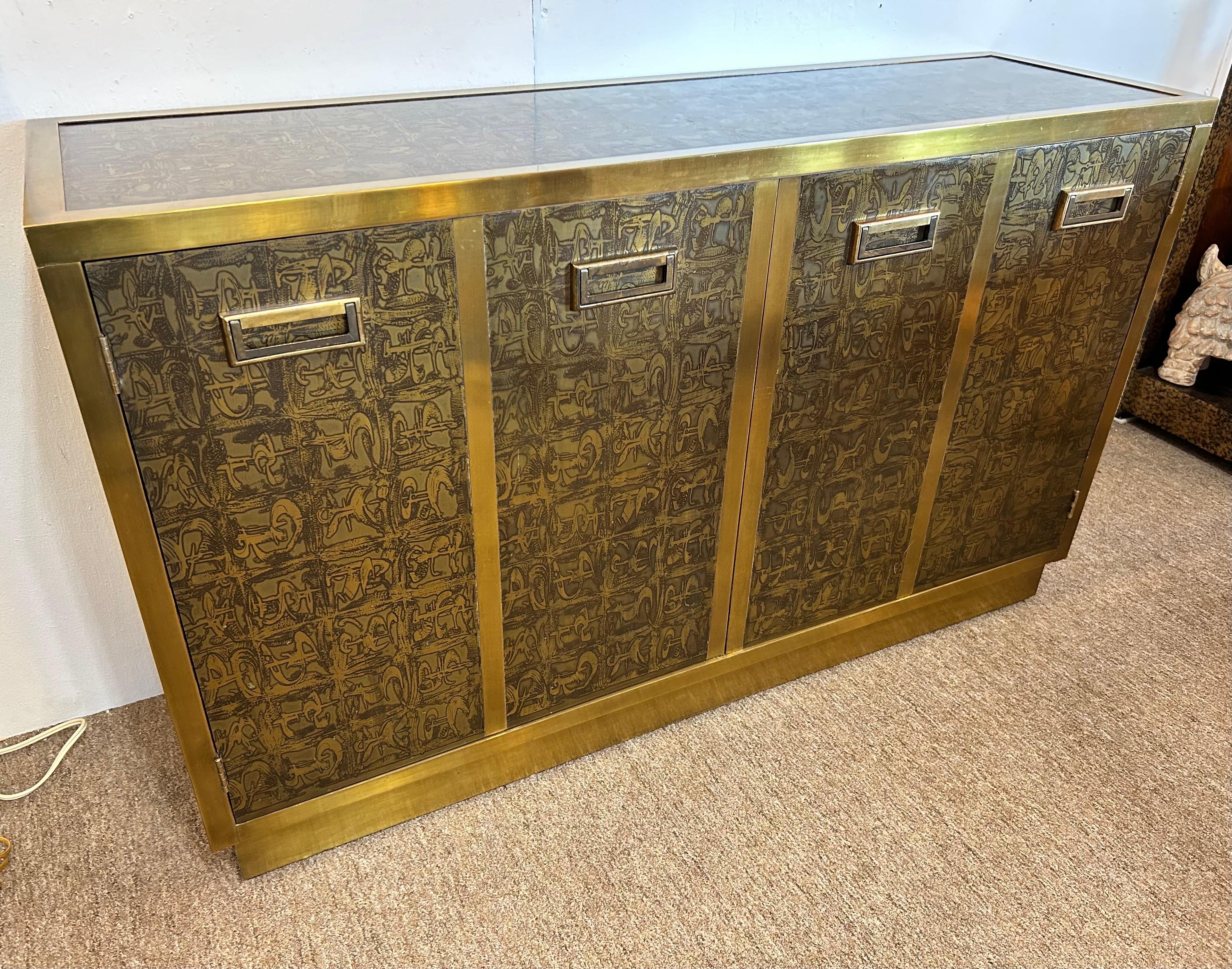 Hollywood Regency Vintage Bernhard Rohne Mastercraft 1970's Acid Etched Two Door Cabinet Console