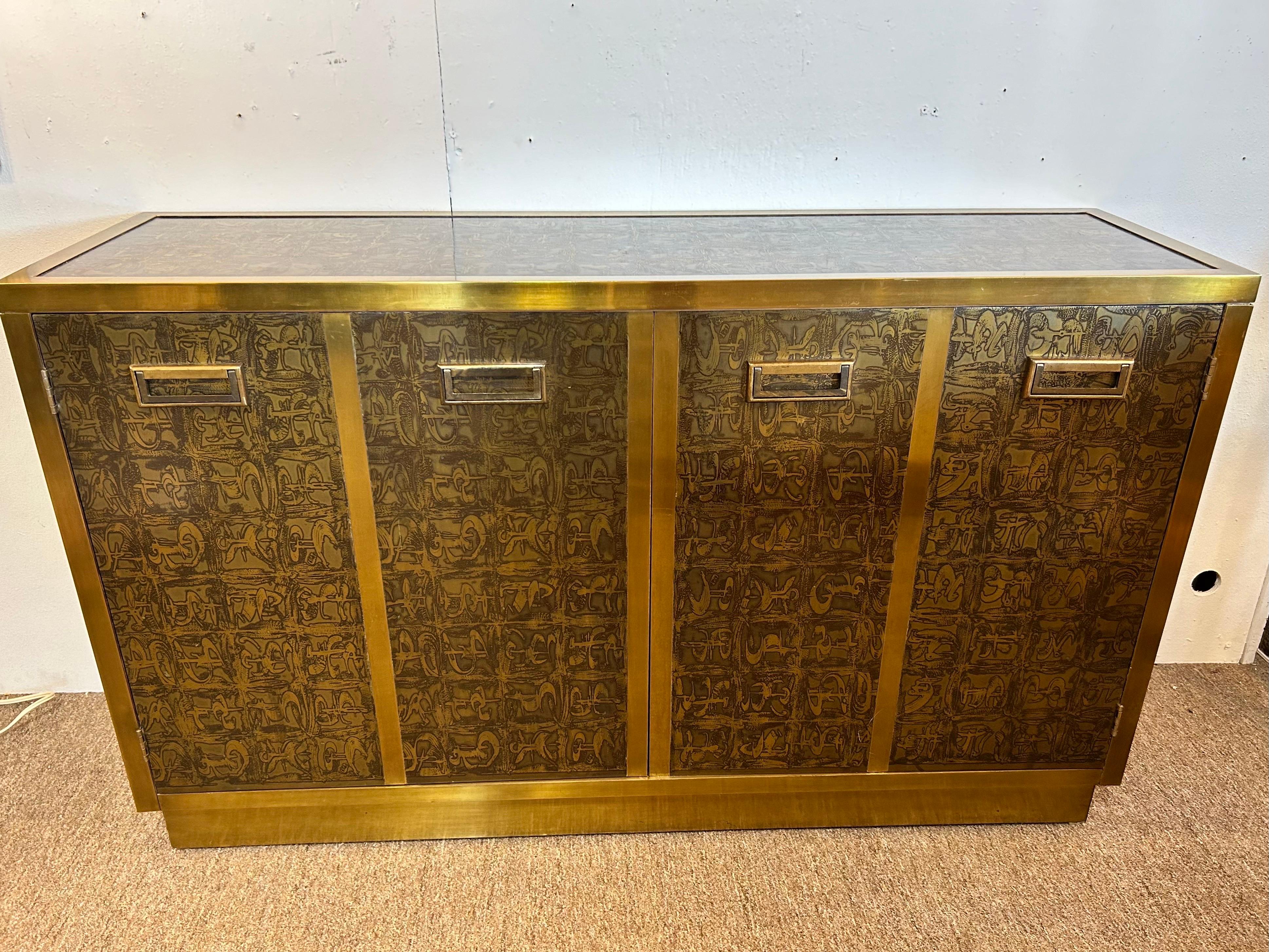 American Vintage Bernhard Rohne Mastercraft 1970's Acid Etched Two Door Cabinet Console
