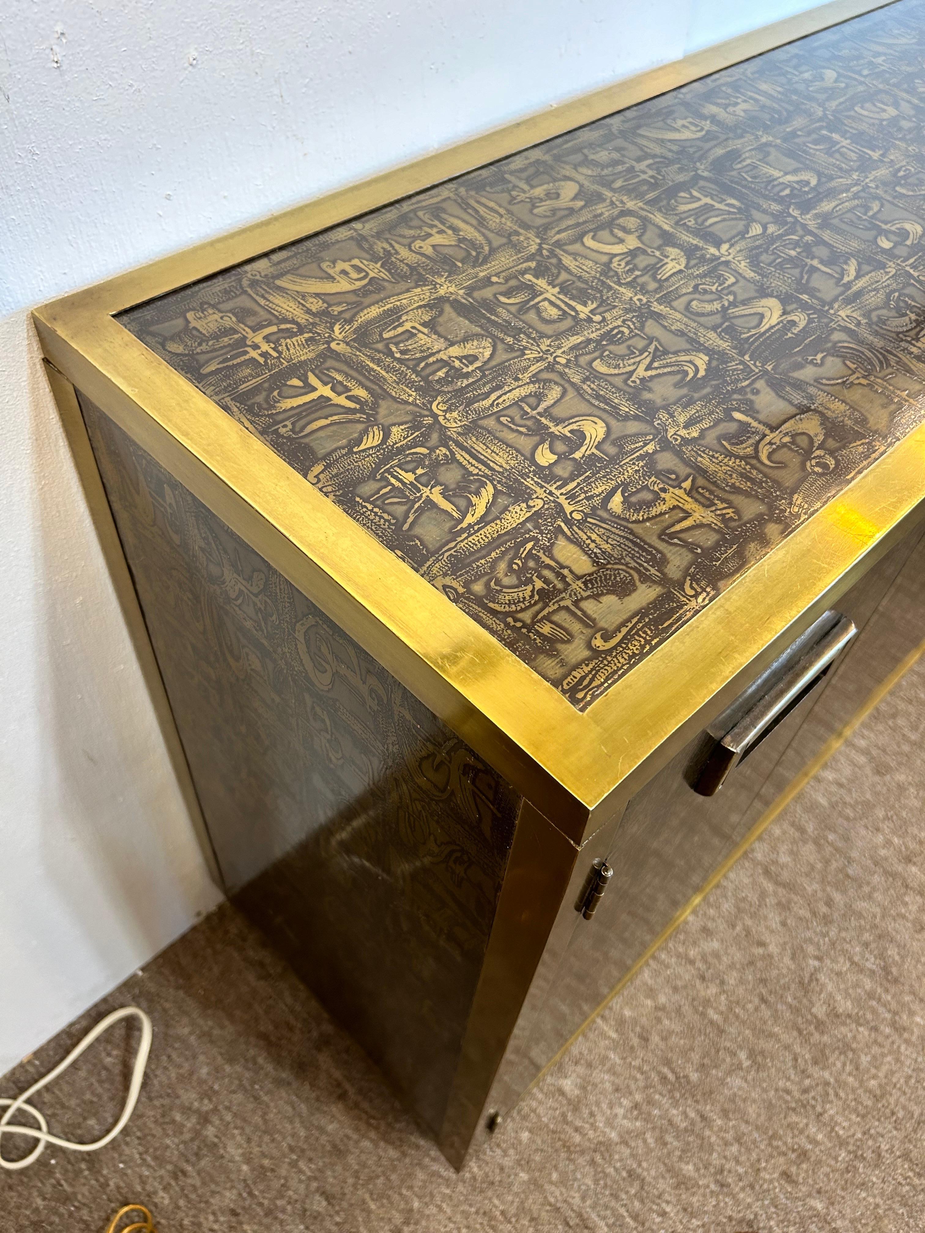 Vintage Bernhard Rohne Mastercraft 1970's Acid Etched Two Door Cabinet Console 1