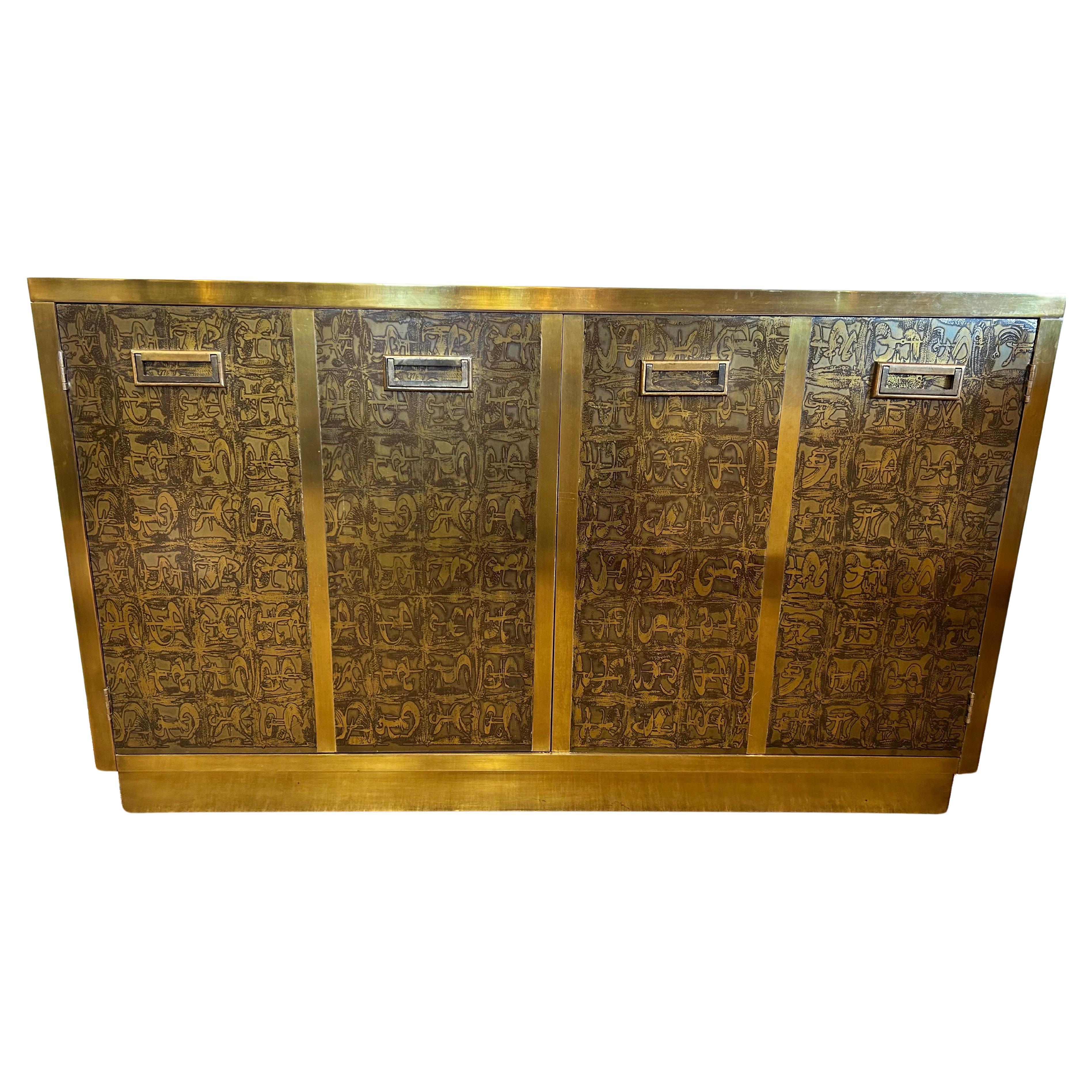 Vintage Bernhard Rohne Mastercraft 1970's Acid Etched Two Door Cabinet Console