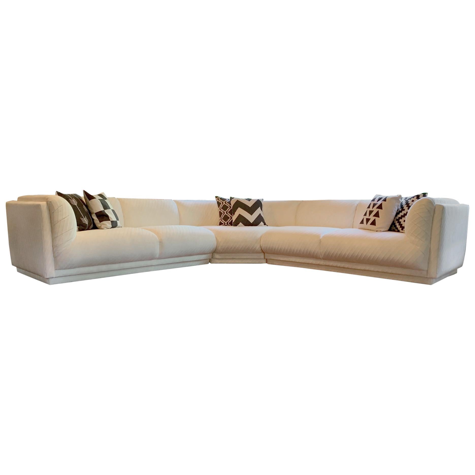 This 3 piece sectional is part of the 1980’s Bernhardtn Flair Collection and is often attributed to Milo Baughman. It has been flawlessly kept by it’s original owner having beautiful original upholstery and like-new cushioning throughout. Each piece