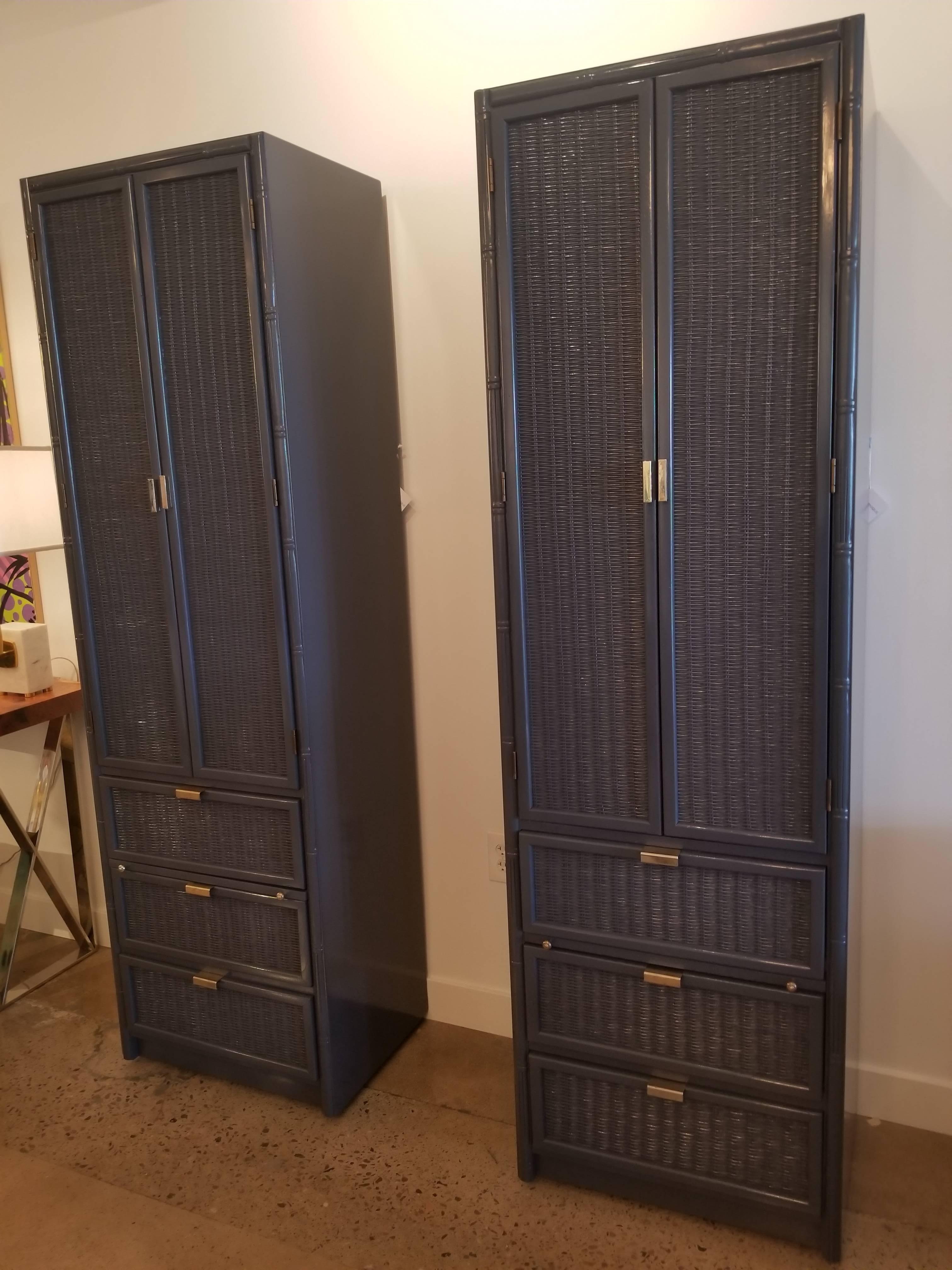 This pair of vintage Bernhardt bamboo cabinets have been fully restored and lacquered in Benjamin Moore 