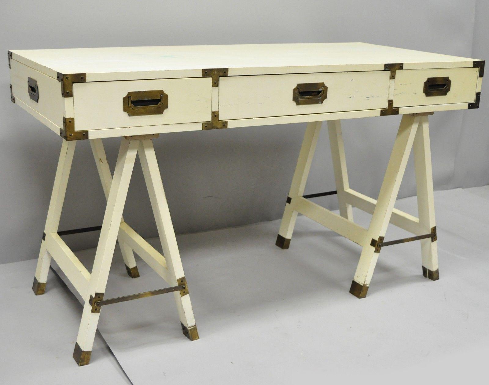 Vintage Bernhardt Campaign style double sawhorse base writing desk. Great to refinish. Item details brass accents, finished back, three dovetailed drawers, quality American craftsmanship, and great style and form, mid-20th century. Measurements: 30