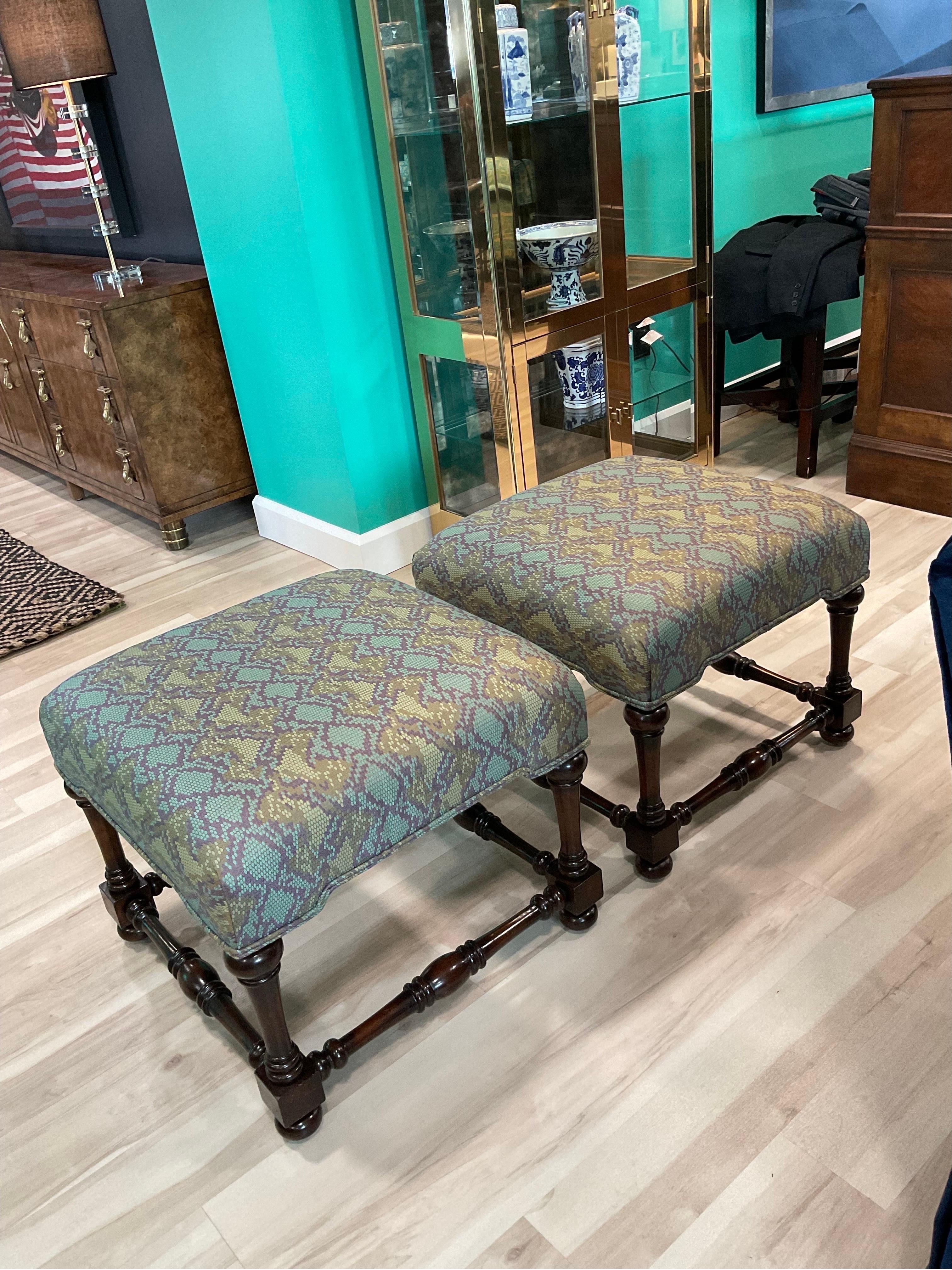 These rare beauties are freshly wrapped in a decadent woven snakeskin pattern from Lee Jofa with violet, teal, green and copper. Tapered wooden legs and stretchers with a gorgeous patina.

