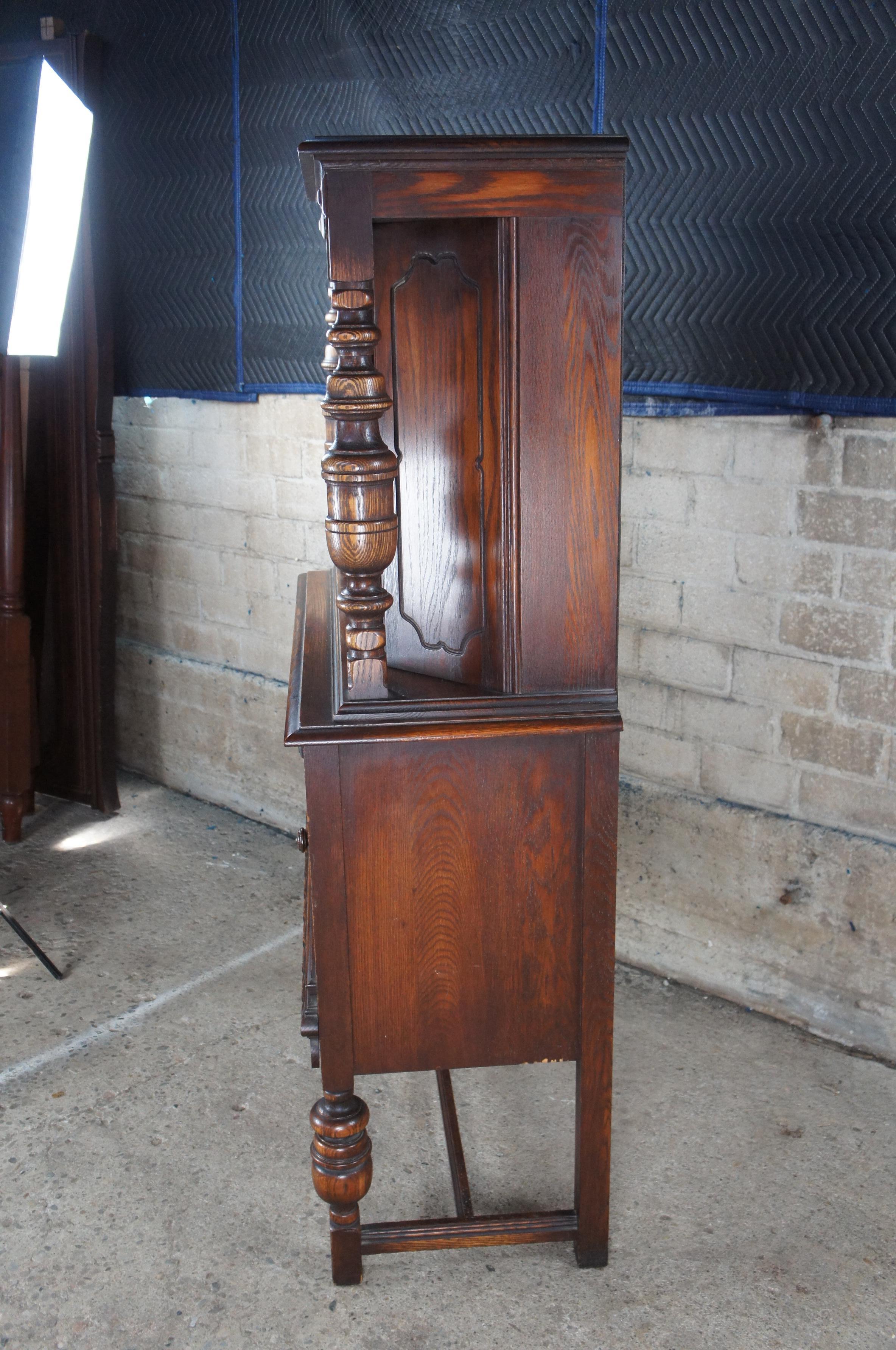 Vintage Bernhardt Jacobean Style Carved Oak Court Cupboard China Cabinet Hutch For Sale 6
