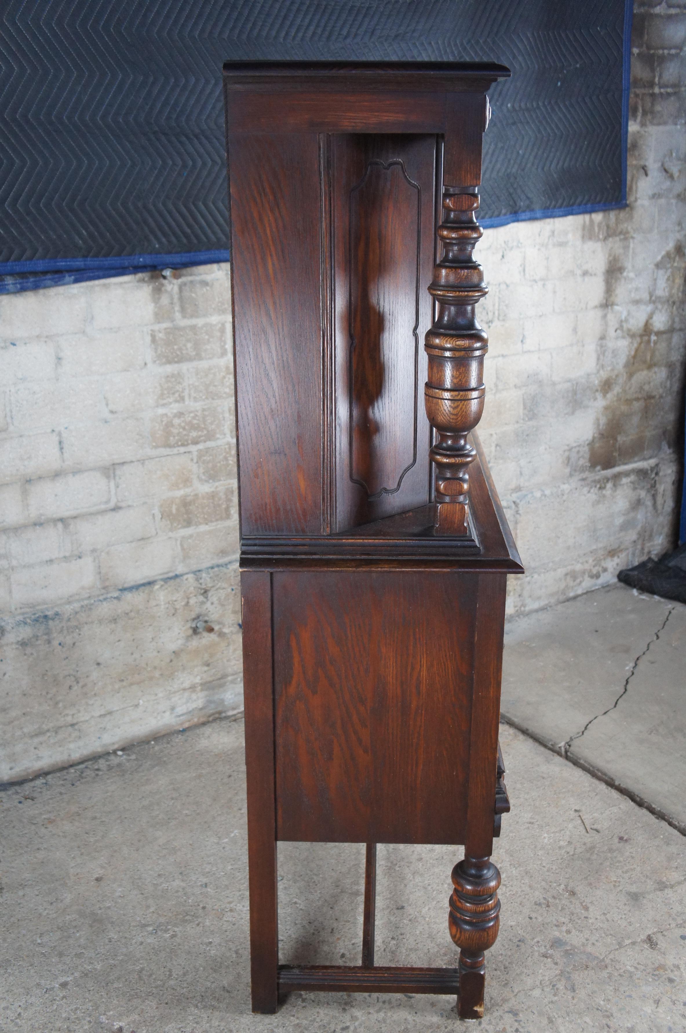 Vintage Bernhardt Jacobean Style Carved Oak Court Cupboard China Cabinet Hutch For Sale 7