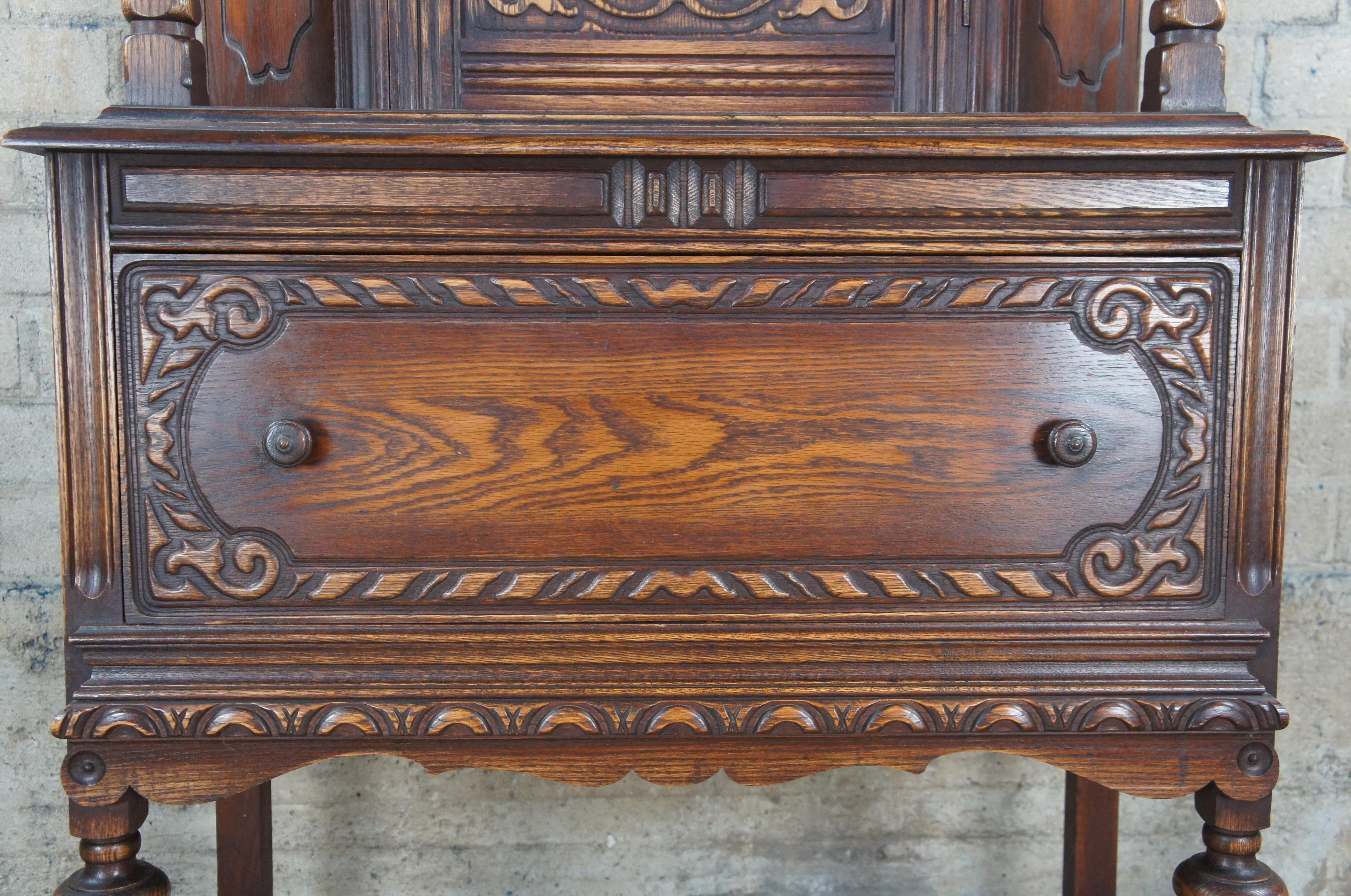 Vintage Bernhardt Jacobean Style Carved Oak Court Cupboard China Cabinet Hutch For Sale 1
