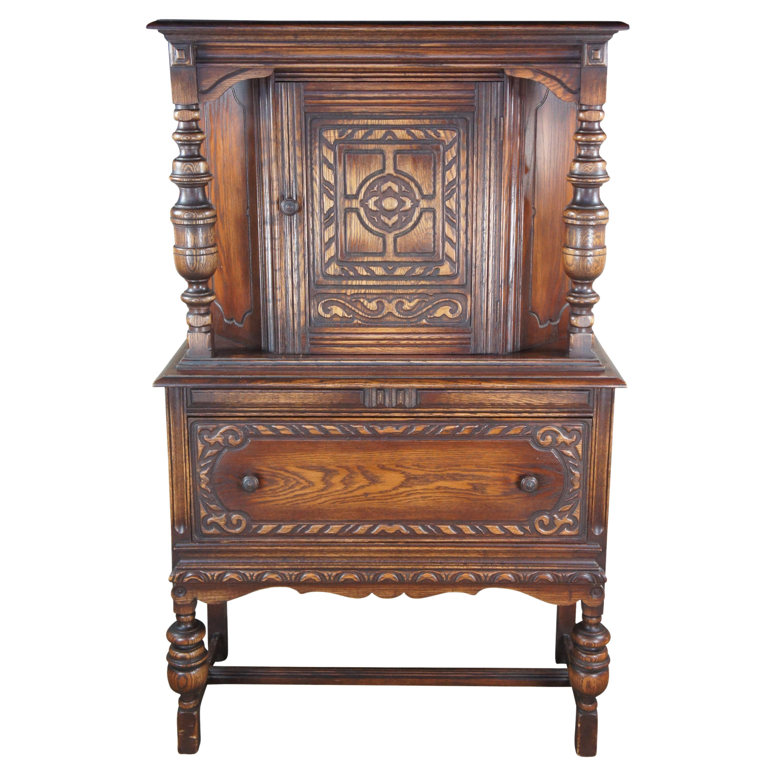 Vintage Bernhardt Jacobean Style Carved Oak Court Cupboard China Cabinet Hutch For Sale