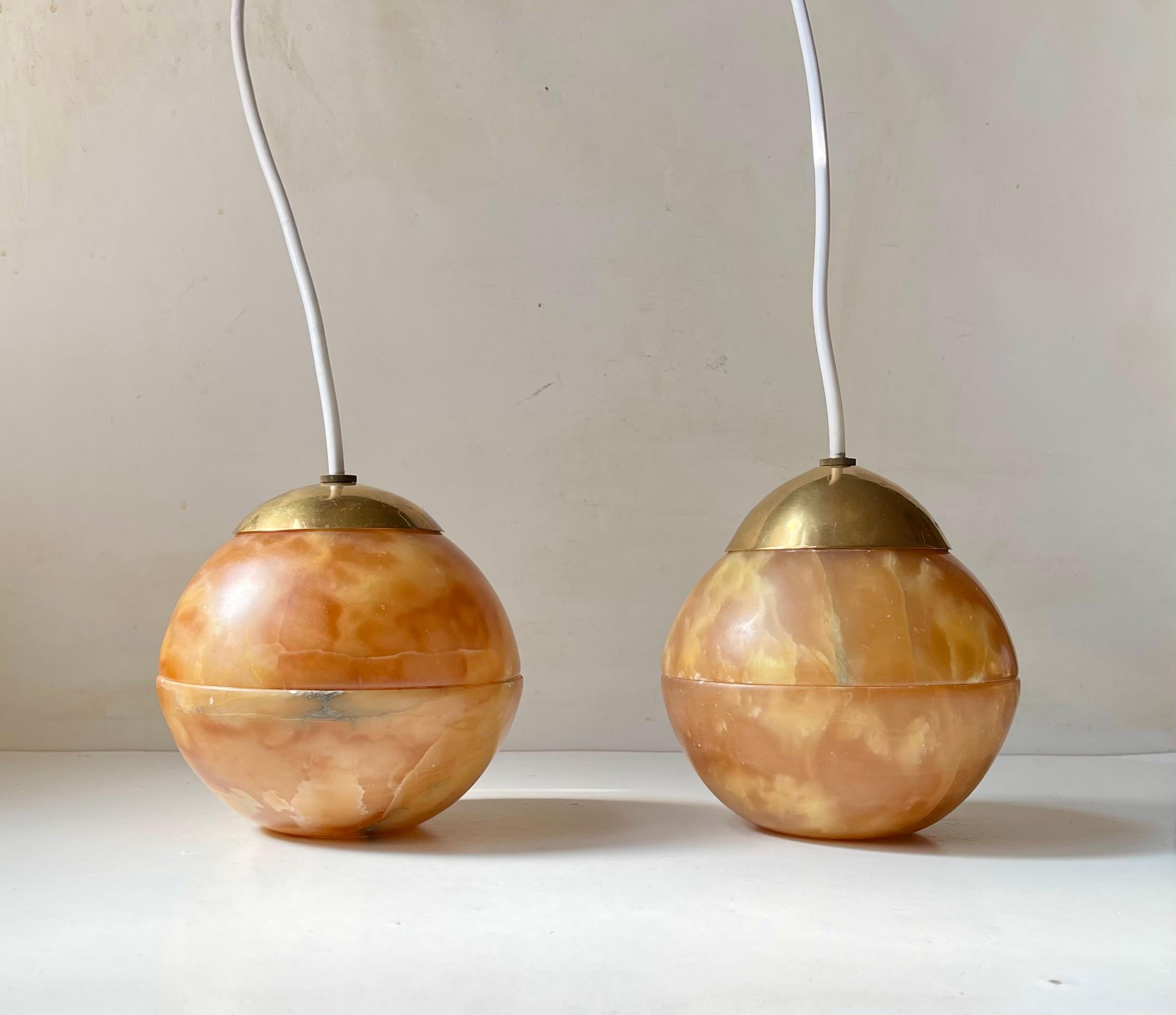 Mid-Century Modern Vintage Bespoke Italian 'Sun' Pendant Lamps in Translucent Alabaster & Brass For Sale