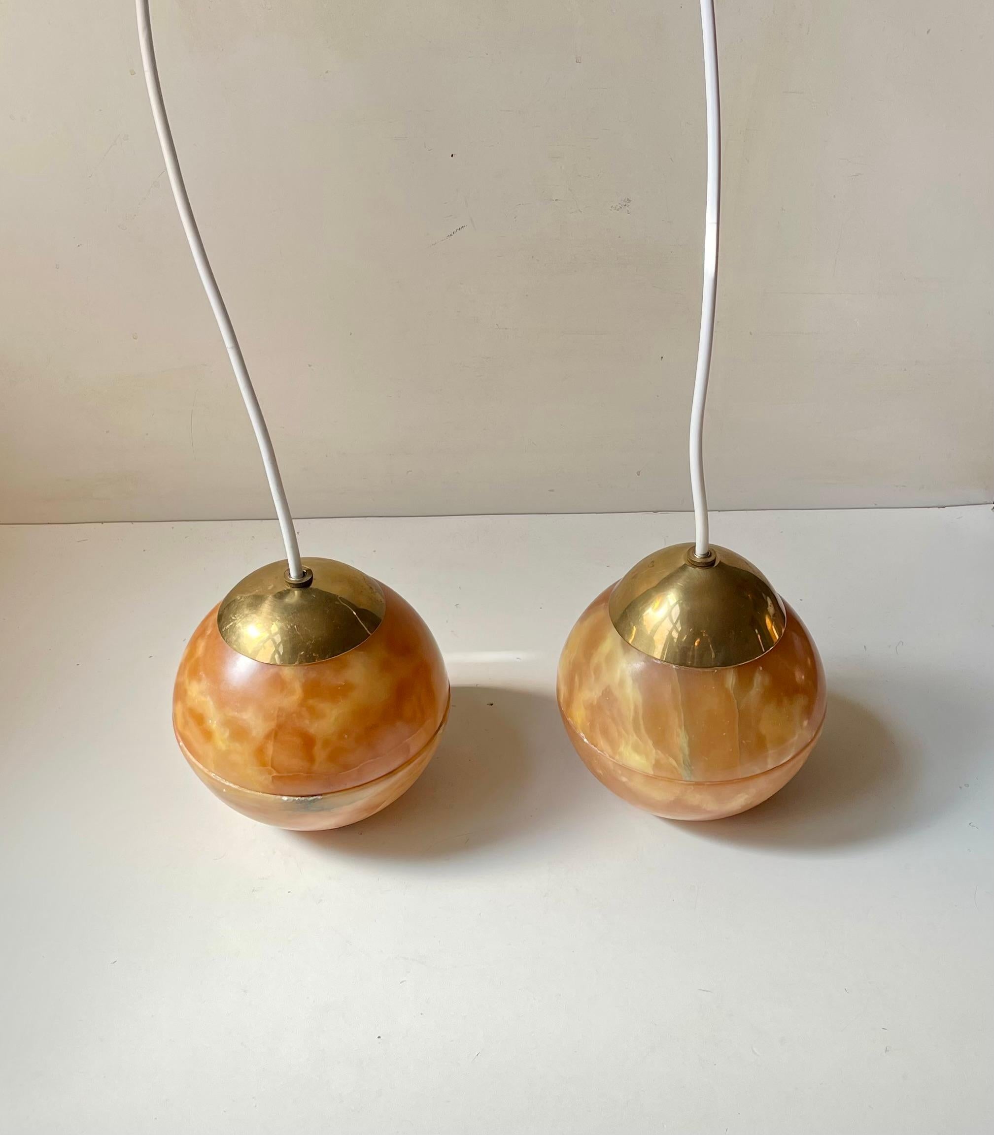 20th Century Vintage Bespoke Italian 'Sun' Pendant Lamps in Translucent Alabaster & Brass For Sale