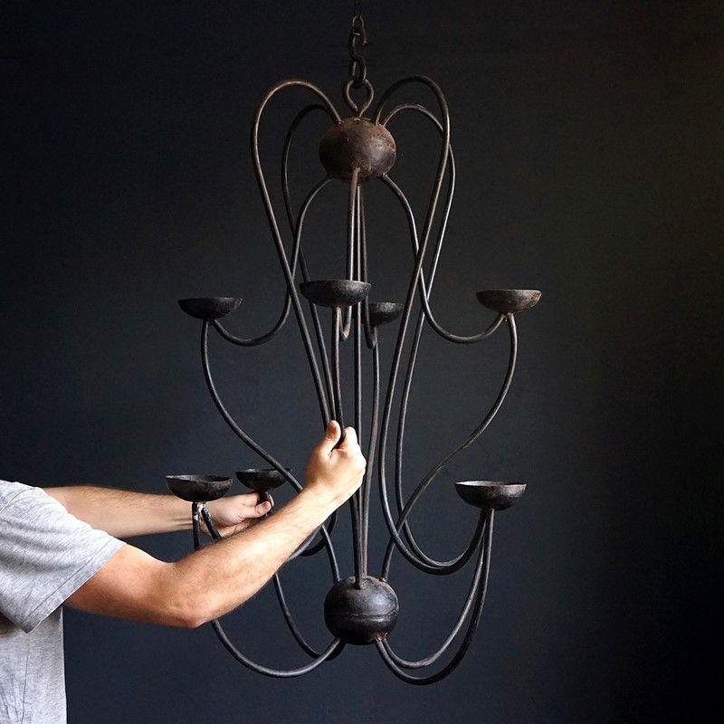 Vintage Bespoke Wrought Iron Candle Chandelier, c. 1950s 2