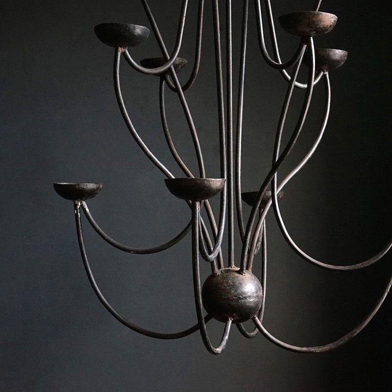 Vintage Bespoke Wrought Iron Candle Chandelier, c. 1950s In Good Condition In Bristol, GB