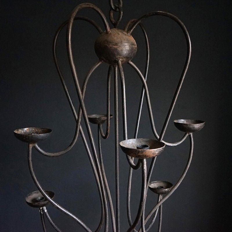 Vintage Bespoke Wrought Iron Candle Chandelier, c. 1950s 1
