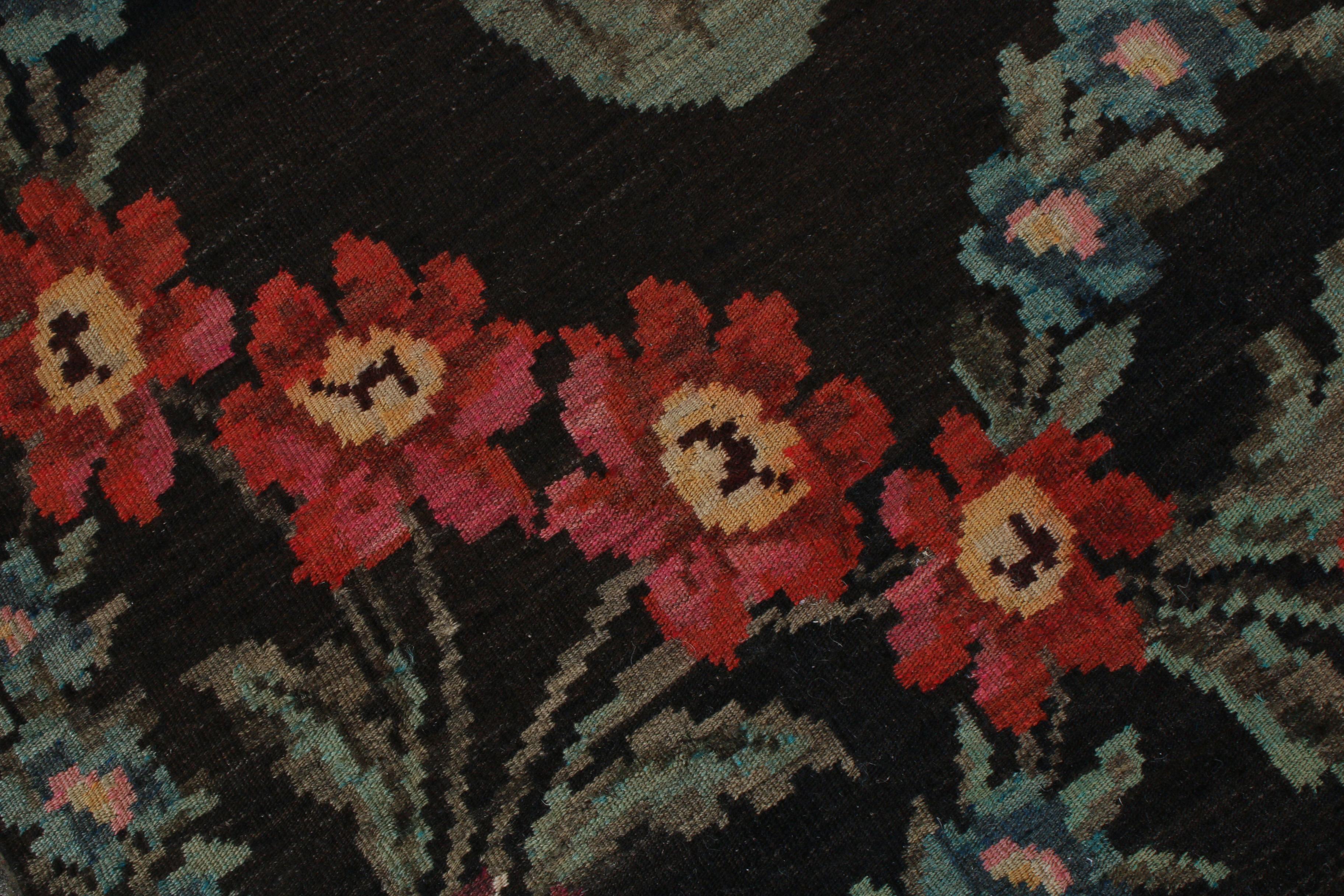 Hand-Woven Vintage Bessarabian Kilim Black Red Blue Floral Flat-Weave Wool Rug