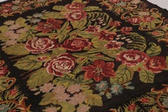Vintage Bessarabian Kilim, Grand Rose Floral Bouquets over Black - Rug & Kilim