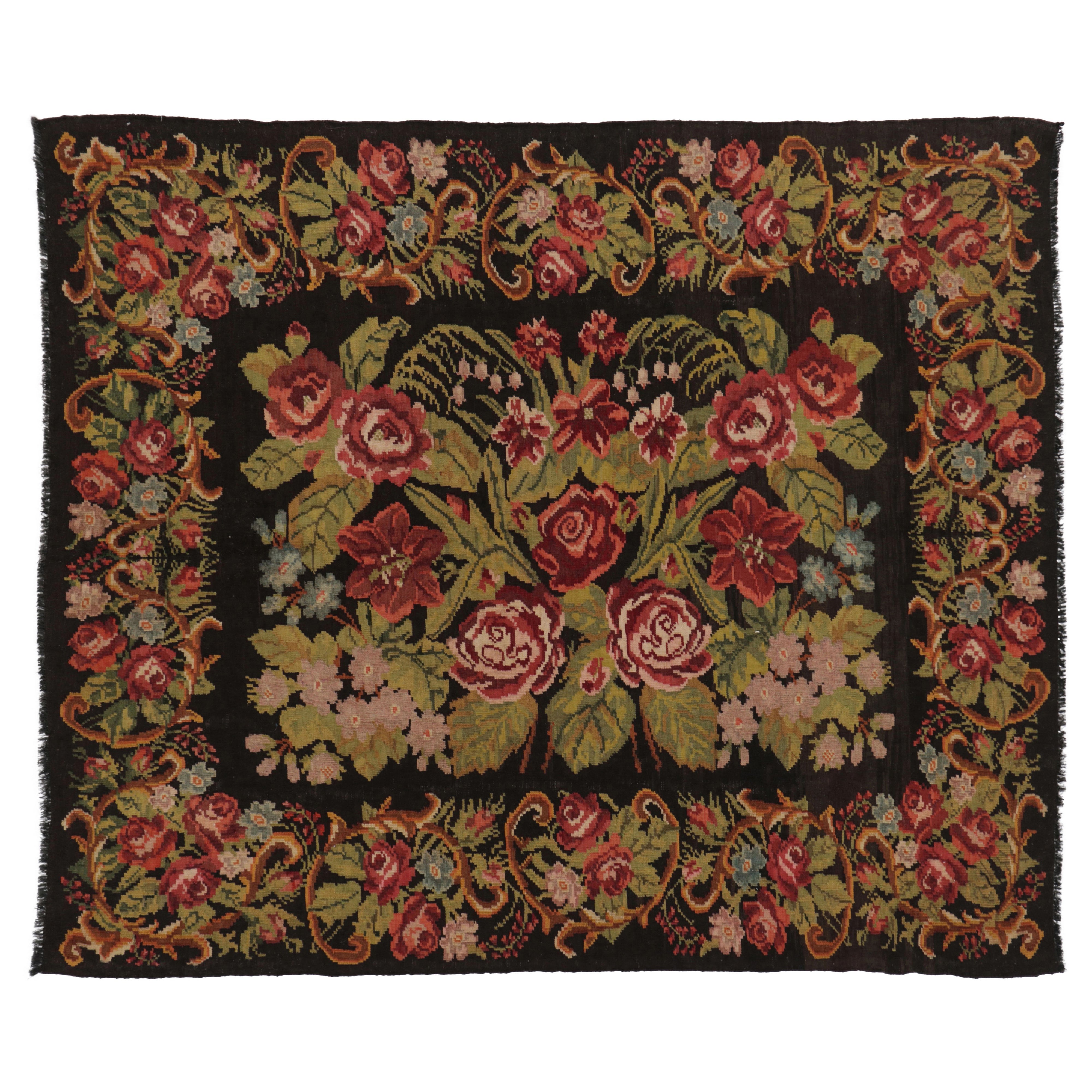 Vintage Bessarabian Kilim, Grand Rose Floral Bouquets over Black - Rug 
Kilim For Sale